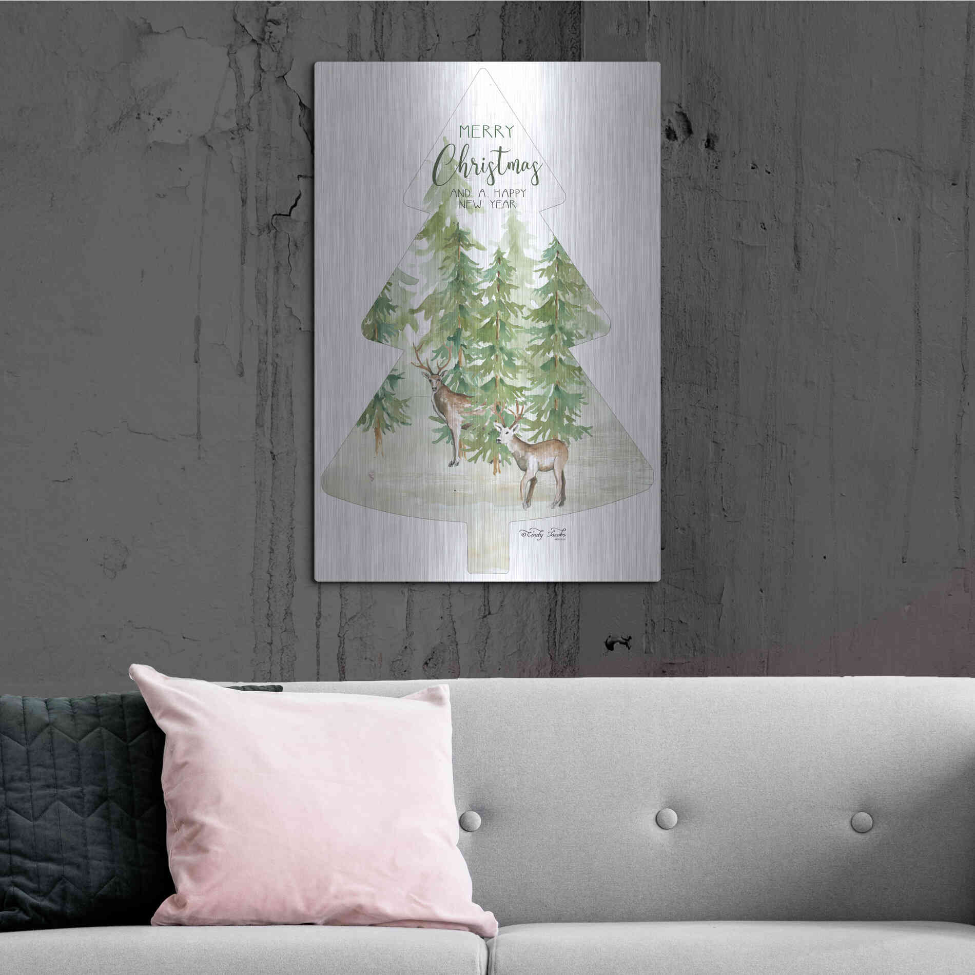 Luxe Metal Art 'Merry Christmas Deer Tree' by Cindy Jacobs, Metal Wall Art,24x36