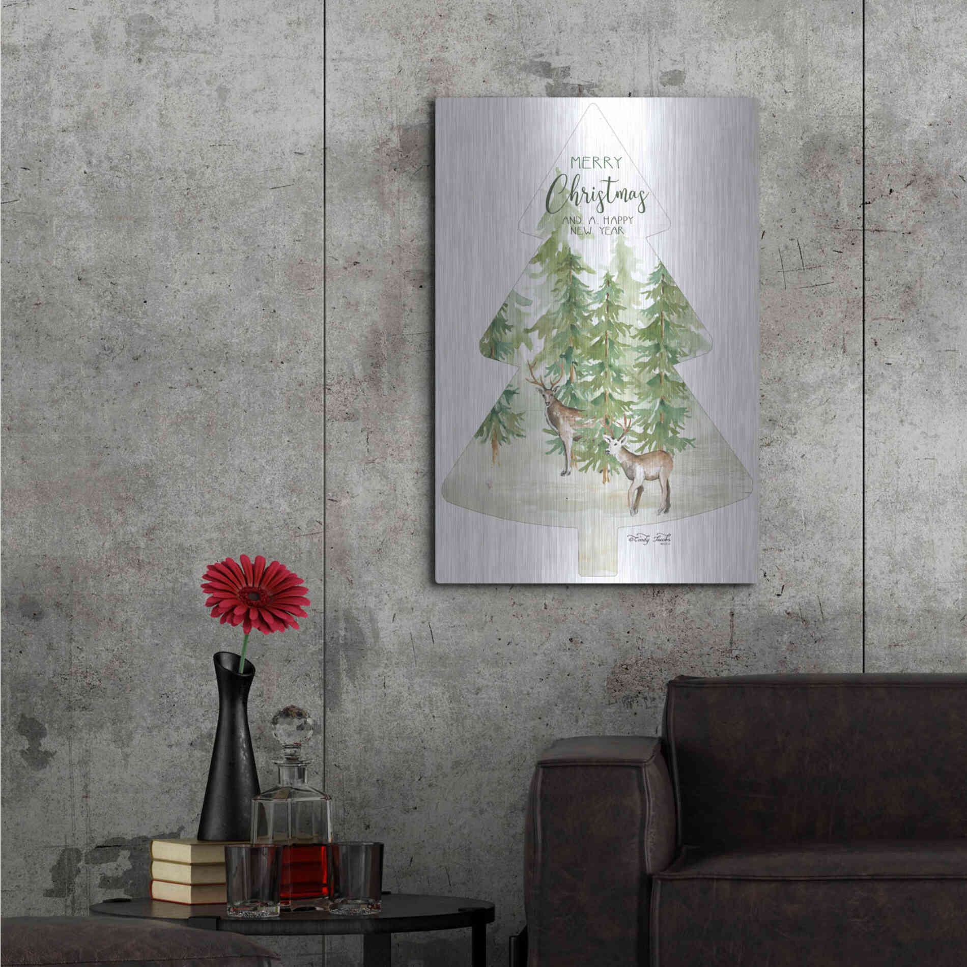 Luxe Metal Art 'Merry Christmas Deer Tree' by Cindy Jacobs, Metal Wall Art,24x36