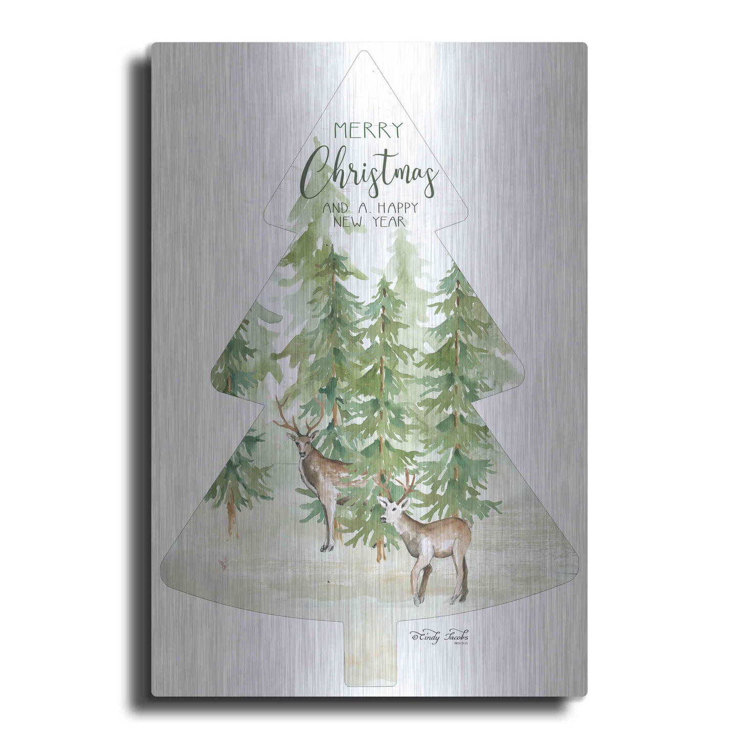 Luxe Metal Art 'Merry Christmas Deer Tree' by Cindy Jacobs, Metal Wall Art