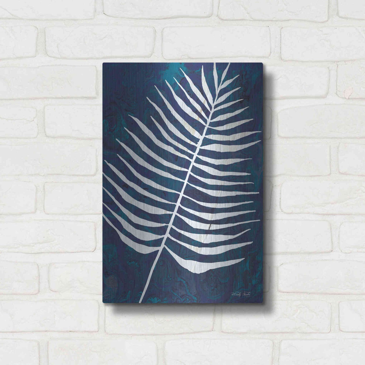 Luxe Metal Art 'Navy Areca Leaf' by Cindy Jacobs, Metal Wall Art,12x16
