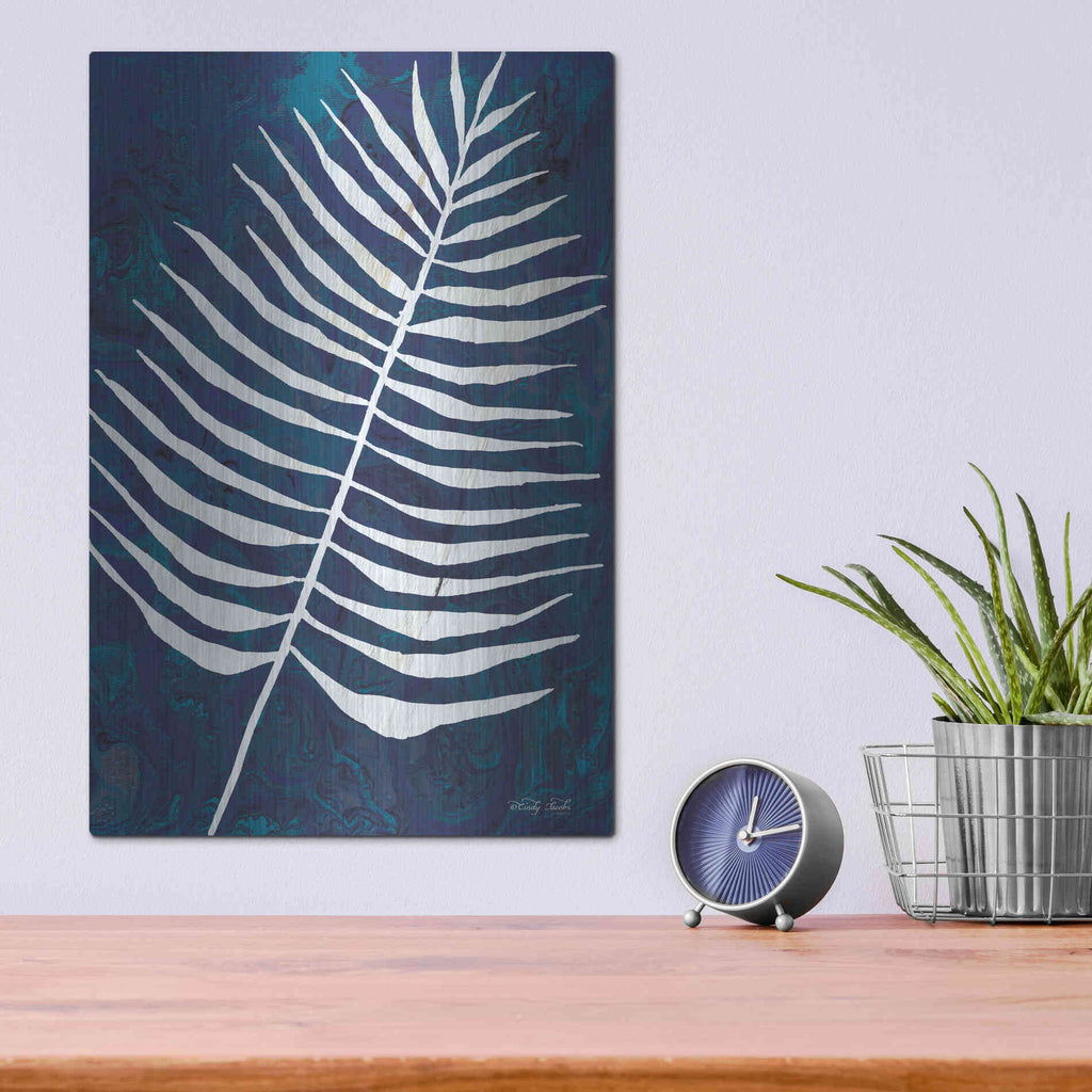 Luxe Metal Art 'Navy Areca Leaf' by Cindy Jacobs, Metal Wall Art,12x16