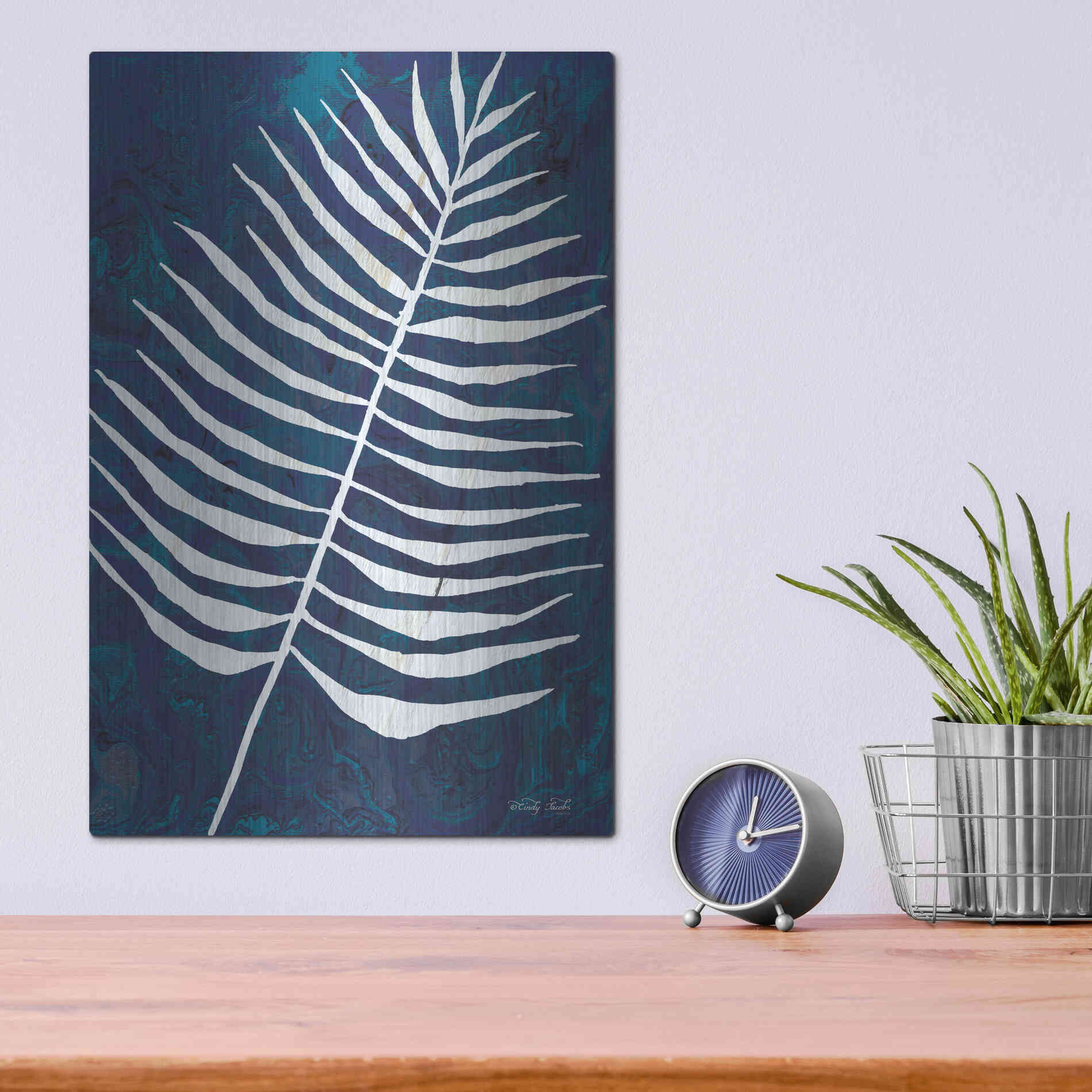 Luxe Metal Art 'Navy Areca Leaf' by Cindy Jacobs, Metal Wall Art,12x16