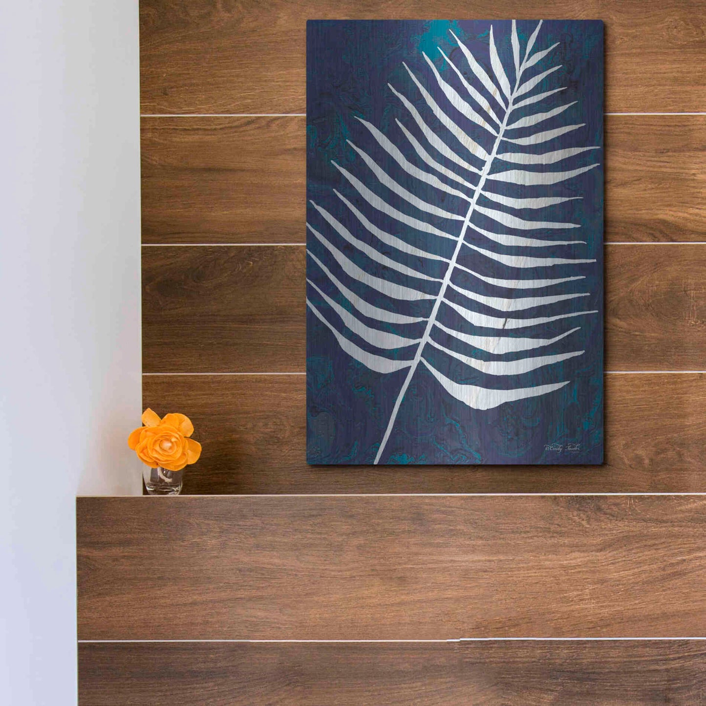 Luxe Metal Art 'Navy Areca Leaf' by Cindy Jacobs, Metal Wall Art,12x16