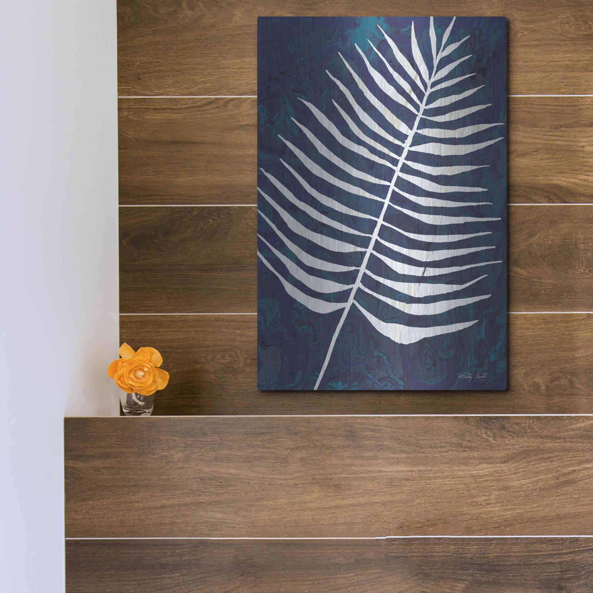 Luxe Metal Art 'Navy Areca Leaf' by Cindy Jacobs, Metal Wall Art,12x16