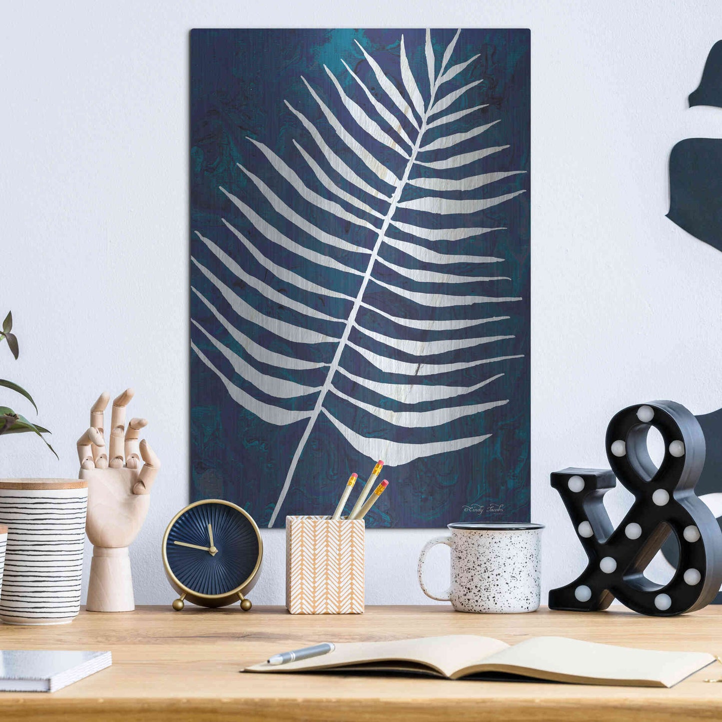 Luxe Metal Art 'Navy Areca Leaf' by Cindy Jacobs, Metal Wall Art,12x16