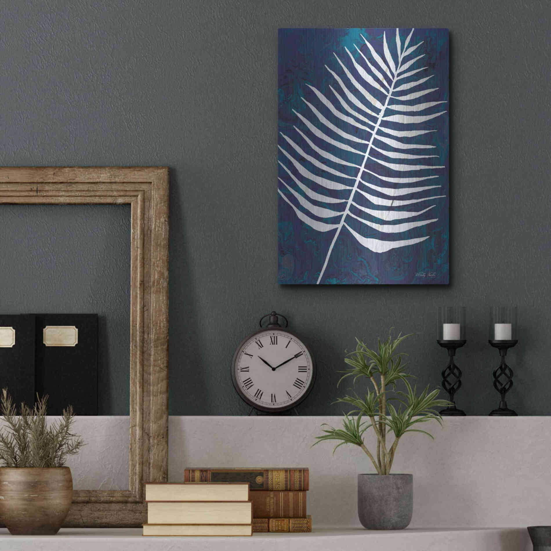Luxe Metal Art 'Navy Areca Leaf' by Cindy Jacobs, Metal Wall Art,12x16