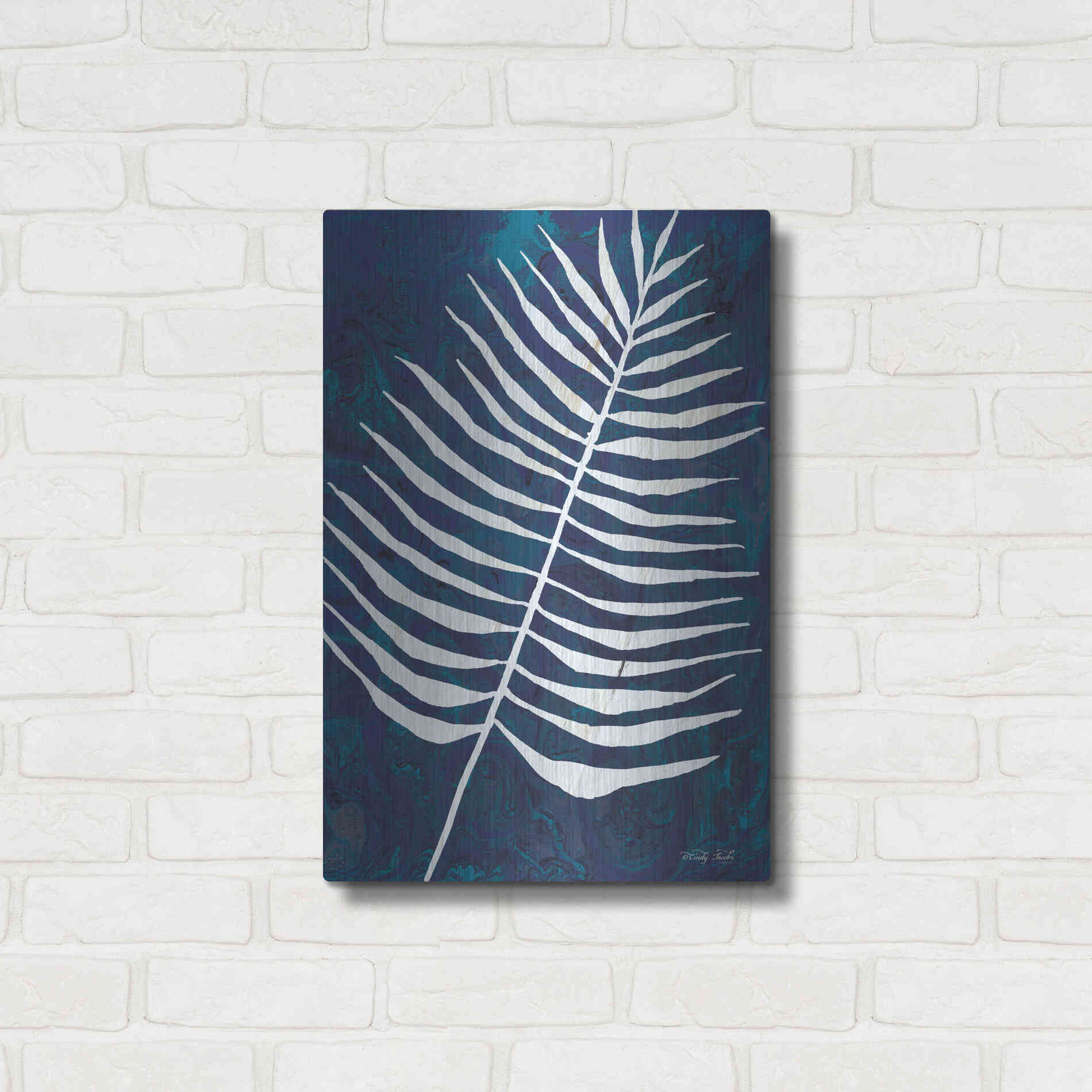Luxe Metal Art 'Navy Areca Leaf' by Cindy Jacobs, Metal Wall Art,16x24