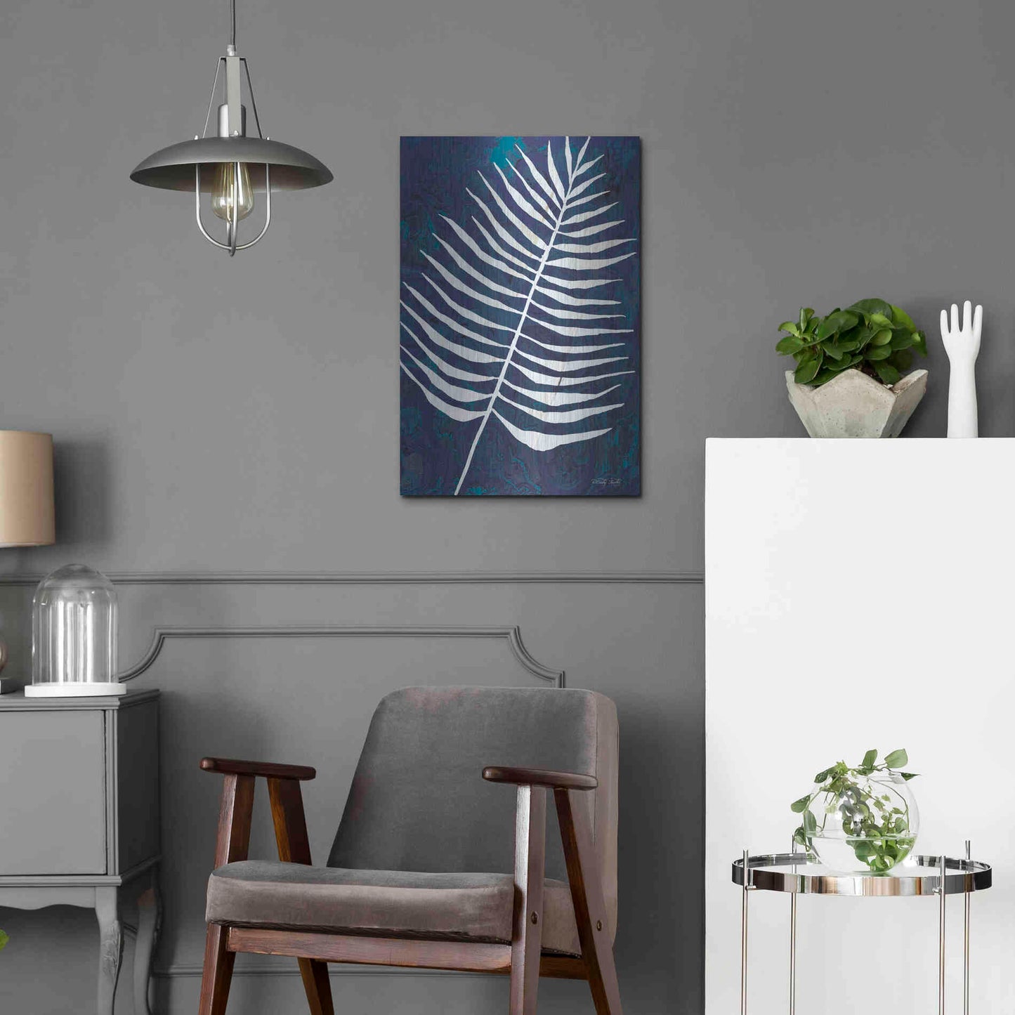 Luxe Metal Art 'Navy Areca Leaf' by Cindy Jacobs, Metal Wall Art,16x24