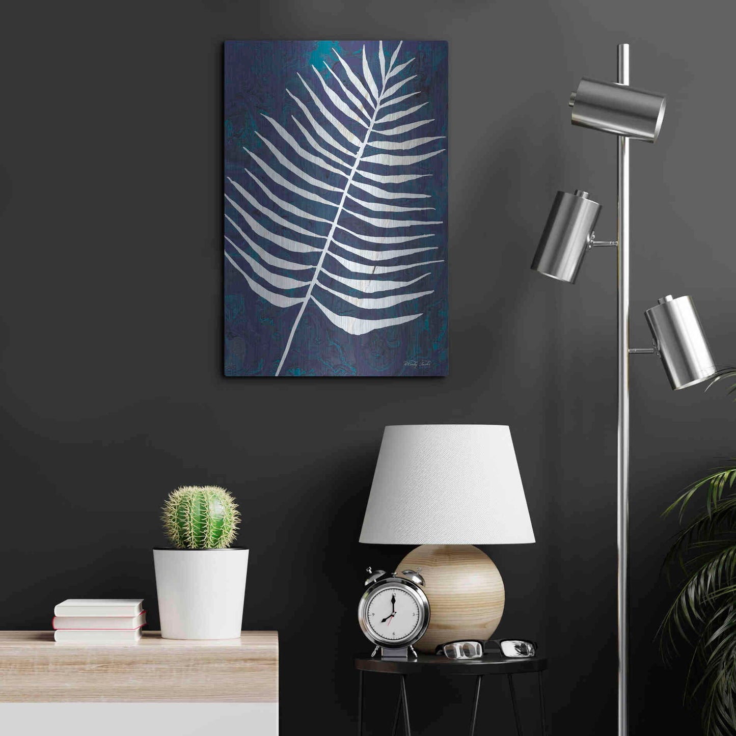 Luxe Metal Art 'Navy Areca Leaf' by Cindy Jacobs, Metal Wall Art,16x24