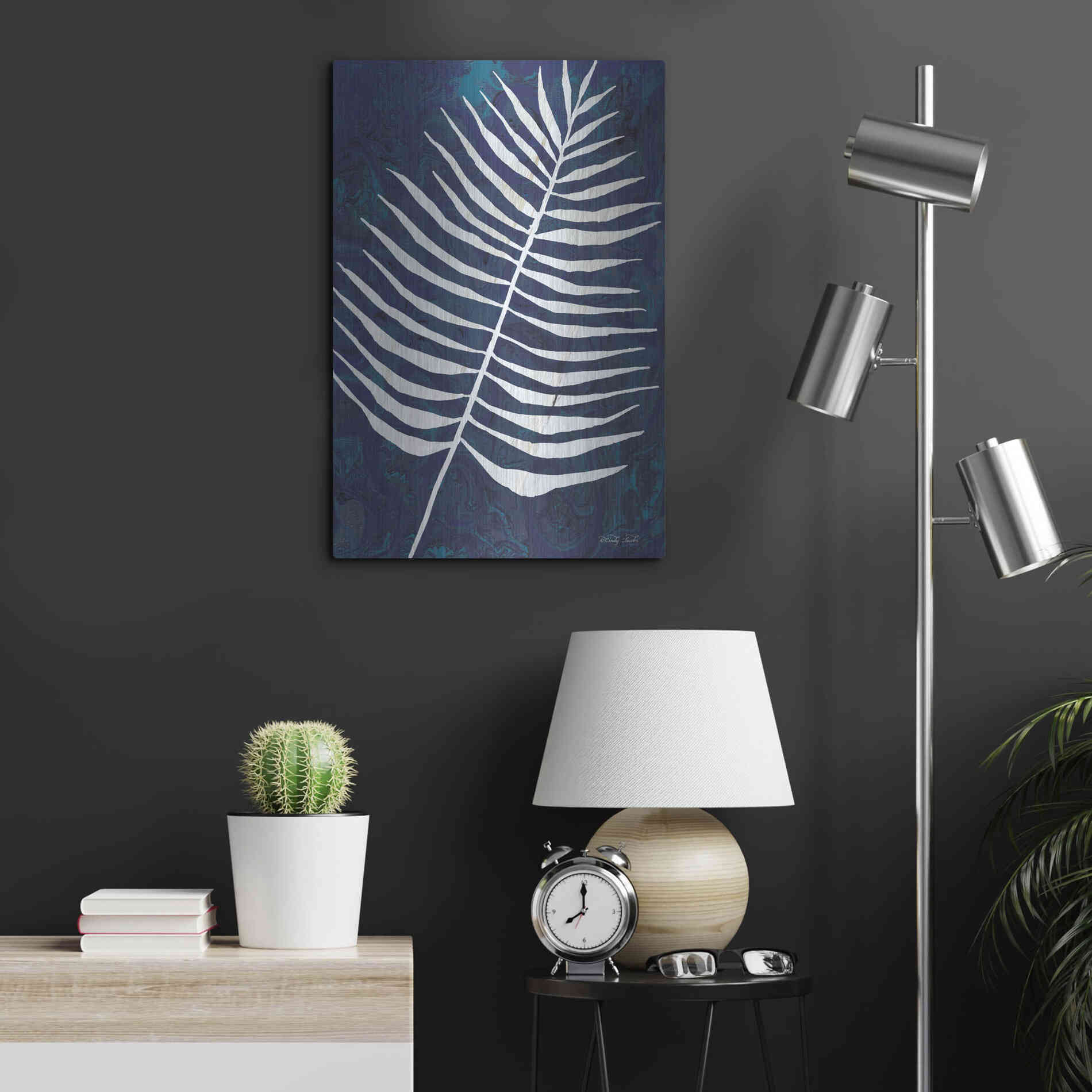 Luxe Metal Art 'Navy Areca Leaf' by Cindy Jacobs, Metal Wall Art,16x24