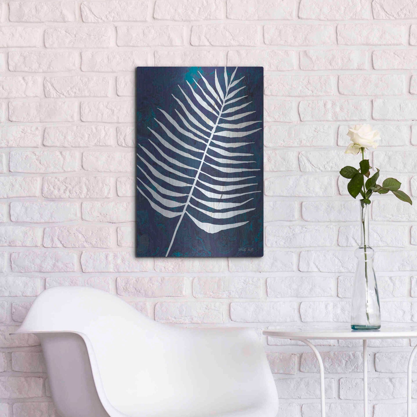 Luxe Metal Art 'Navy Areca Leaf' by Cindy Jacobs, Metal Wall Art,16x24