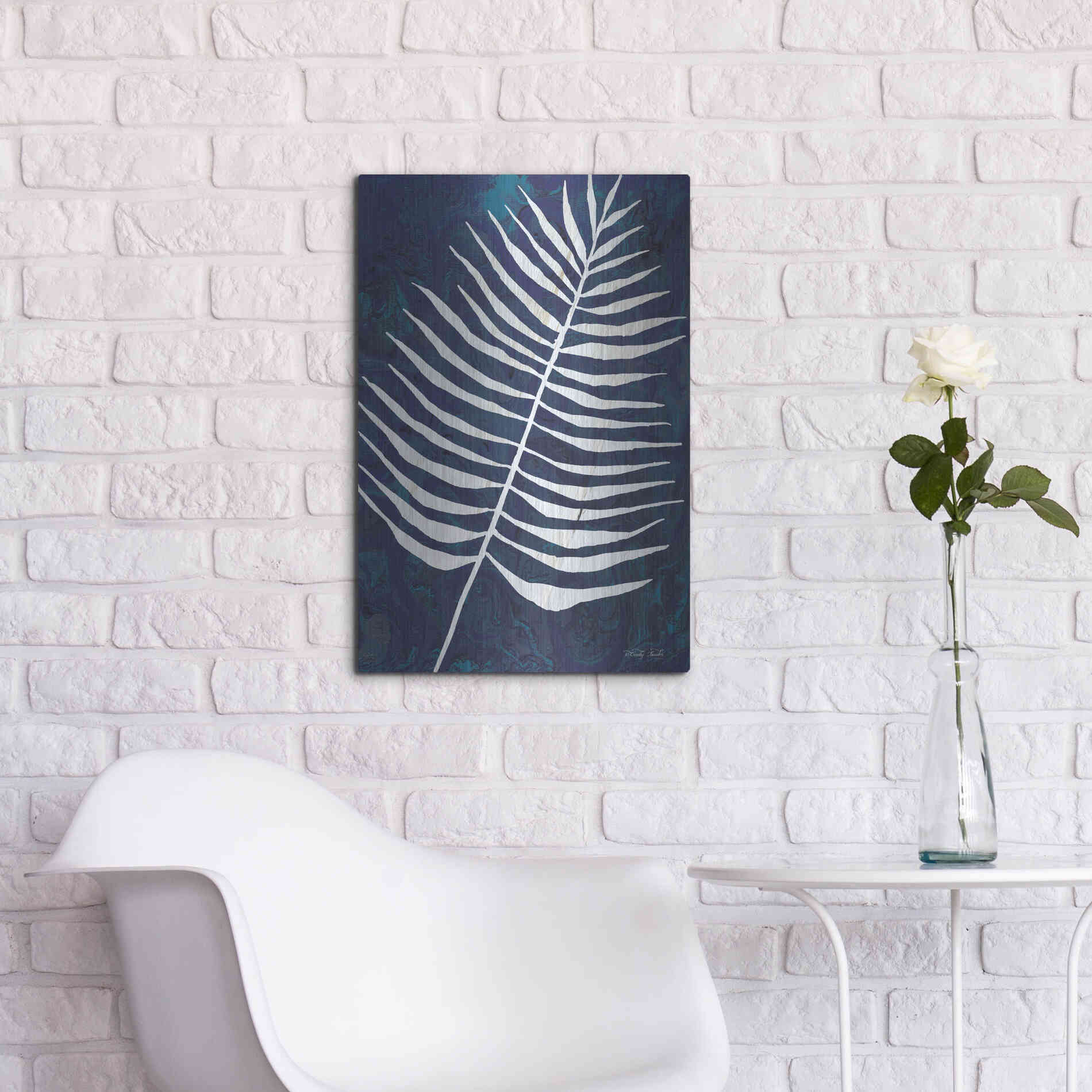 Luxe Metal Art 'Navy Areca Leaf' by Cindy Jacobs, Metal Wall Art,16x24