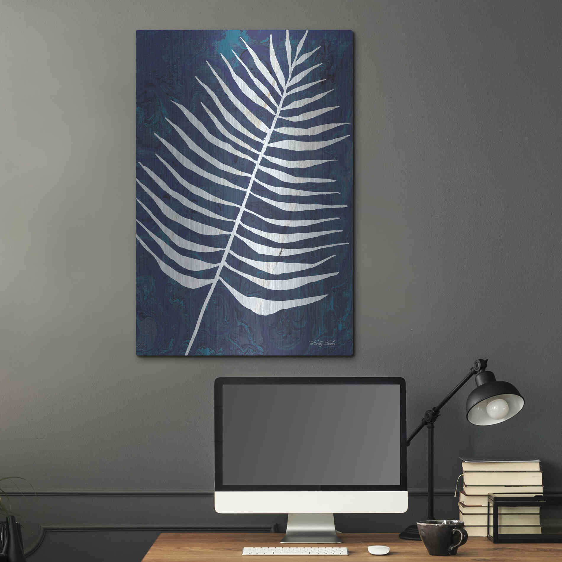 Luxe Metal Art 'Navy Areca Leaf' by Cindy Jacobs, Metal Wall Art,24x36