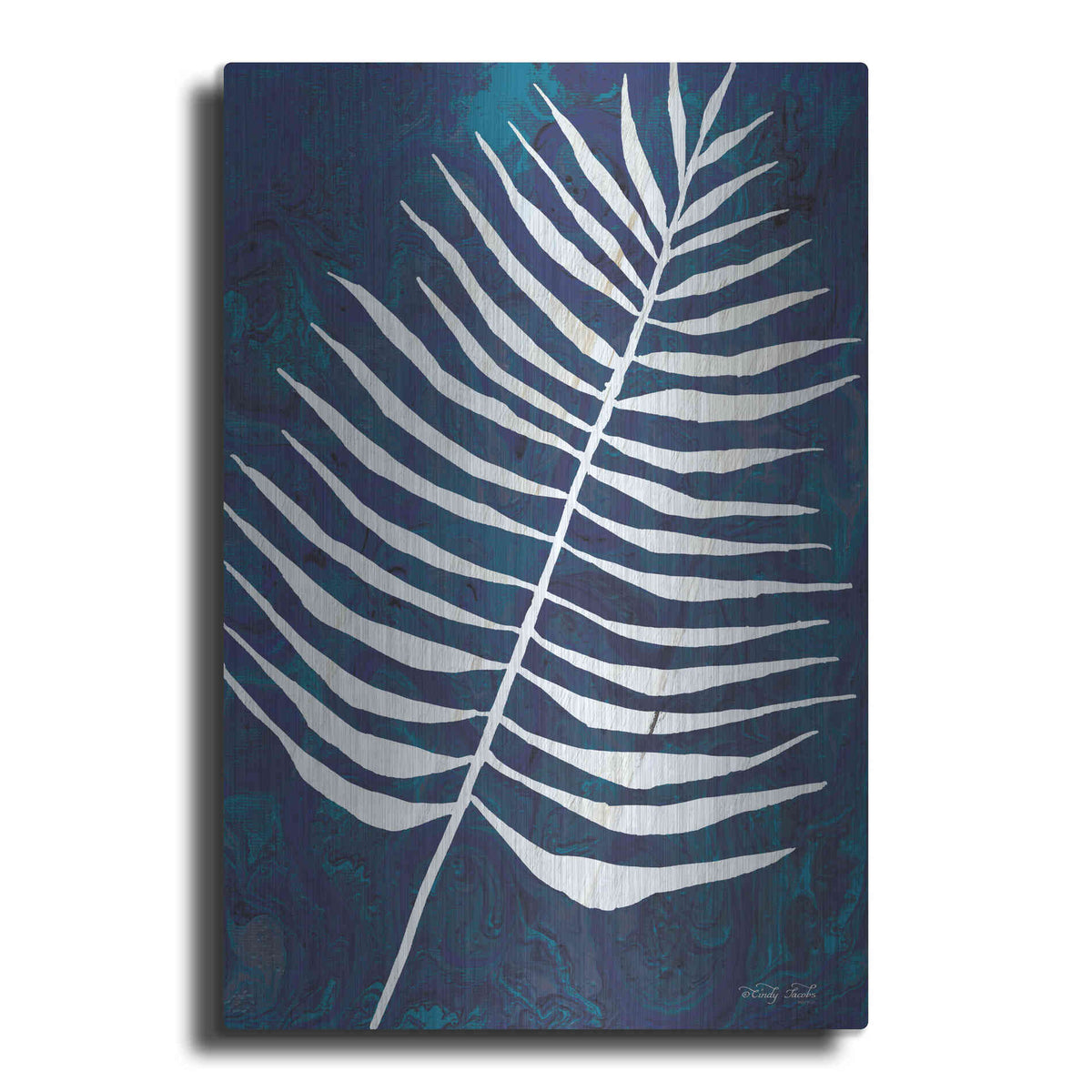 Luxe Metal Art 'Navy Areca Leaf' by Cindy Jacobs, Metal Wall Art
