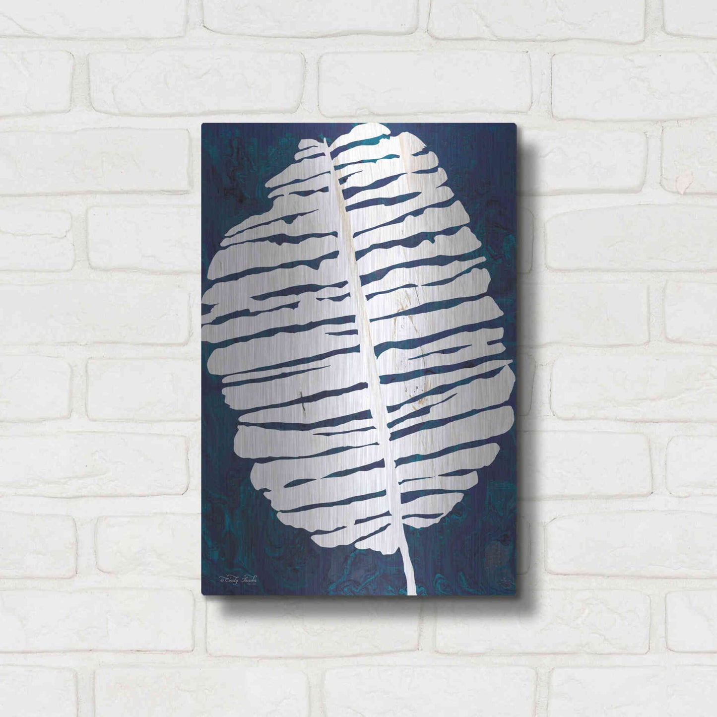 Luxe Metal Art 'Navy Banana Leaf' by Cindy Jacobs, Metal Wall Art,12x16