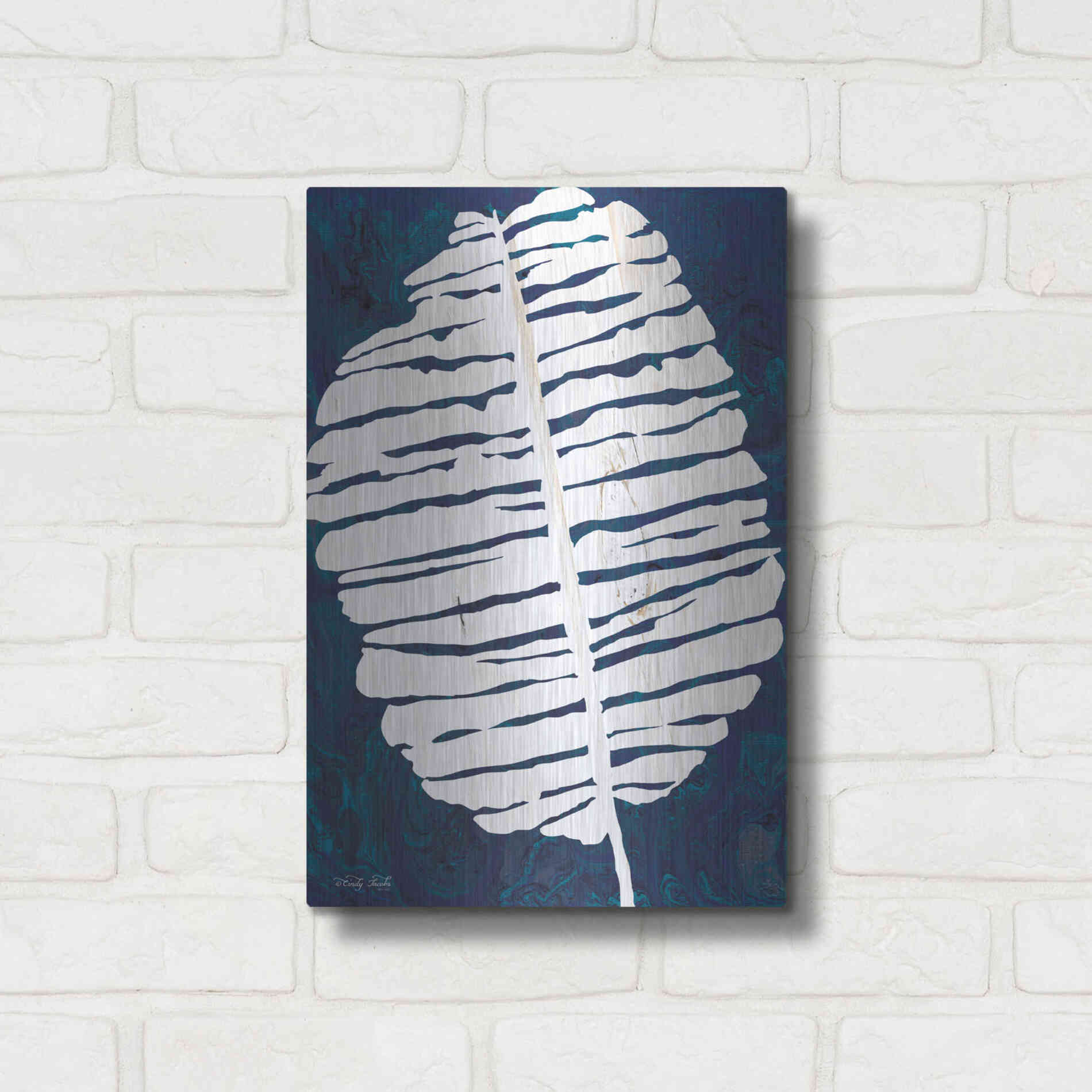 Luxe Metal Art 'Navy Banana Leaf' by Cindy Jacobs, Metal Wall Art,12x16