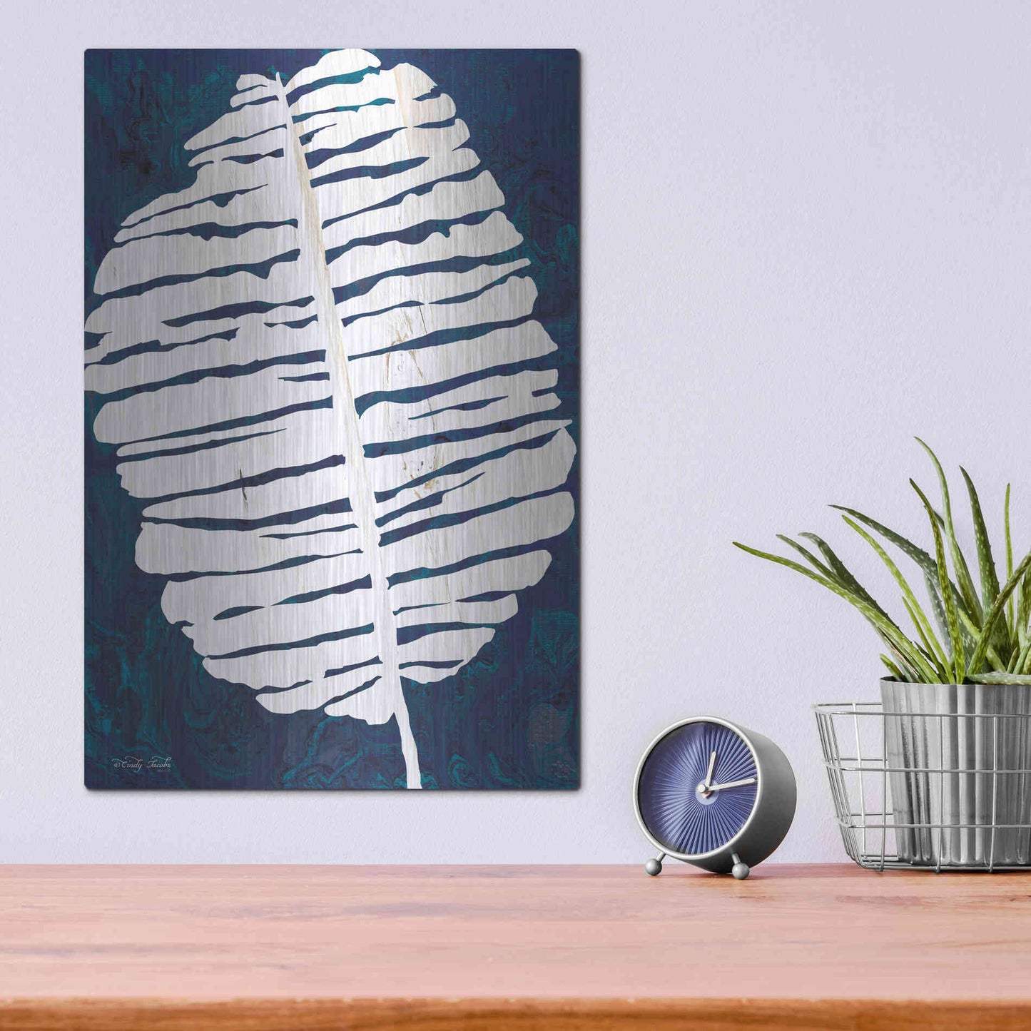 Luxe Metal Art 'Navy Banana Leaf' by Cindy Jacobs, Metal Wall Art,12x16
