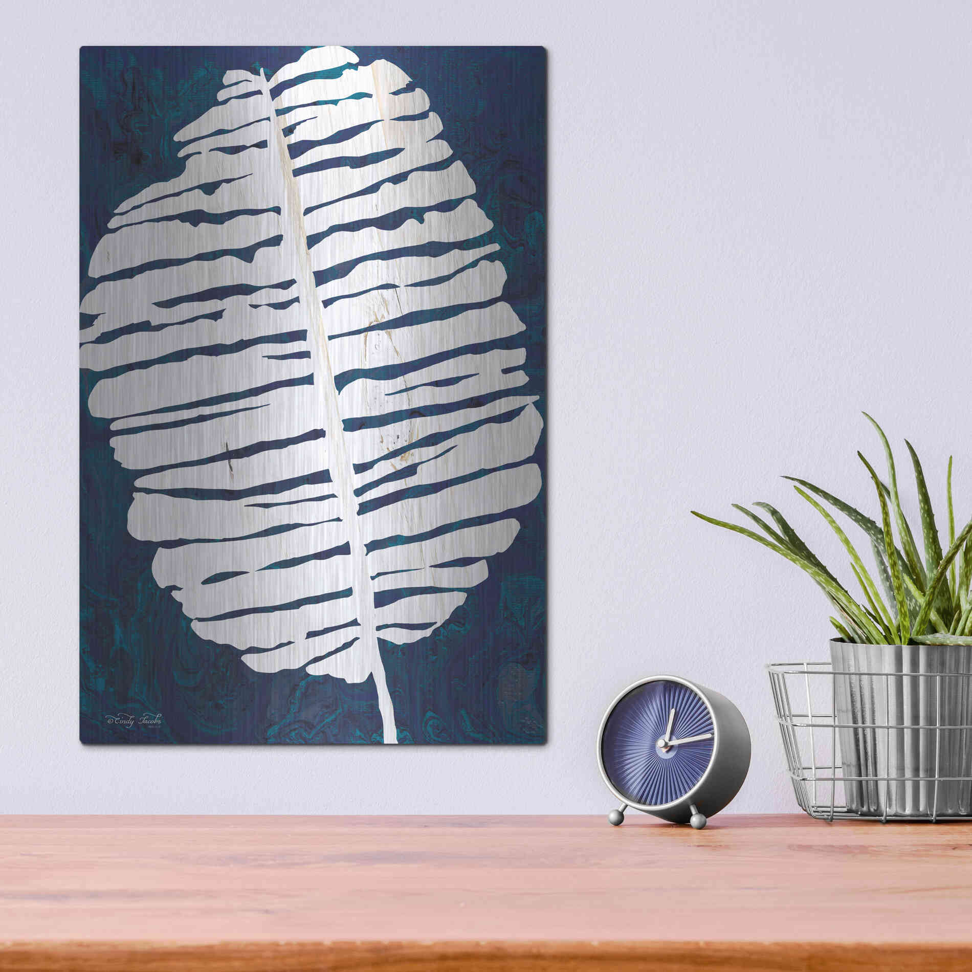 Luxe Metal Art 'Navy Banana Leaf' by Cindy Jacobs, Metal Wall Art,12x16