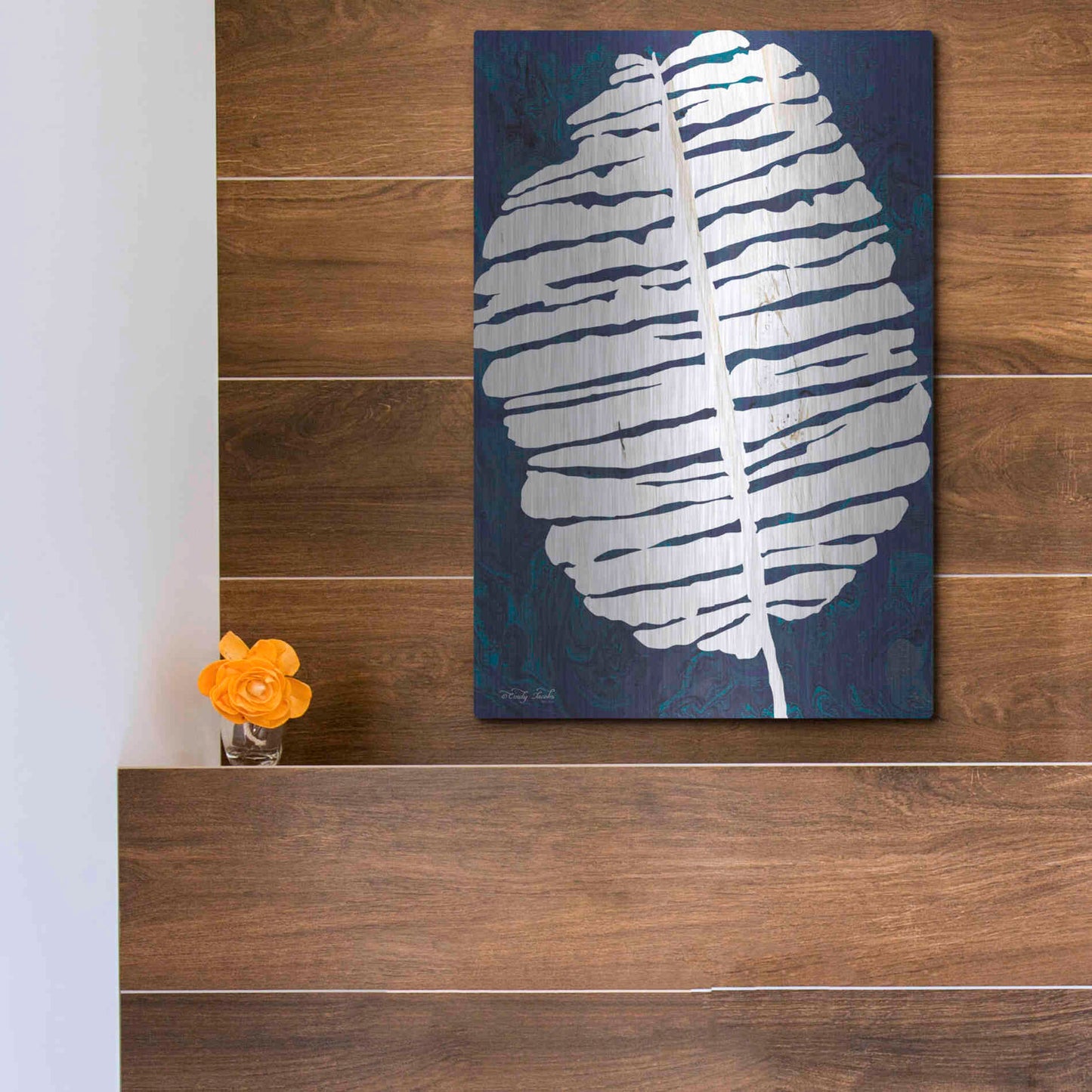 Luxe Metal Art 'Navy Banana Leaf' by Cindy Jacobs, Metal Wall Art,12x16