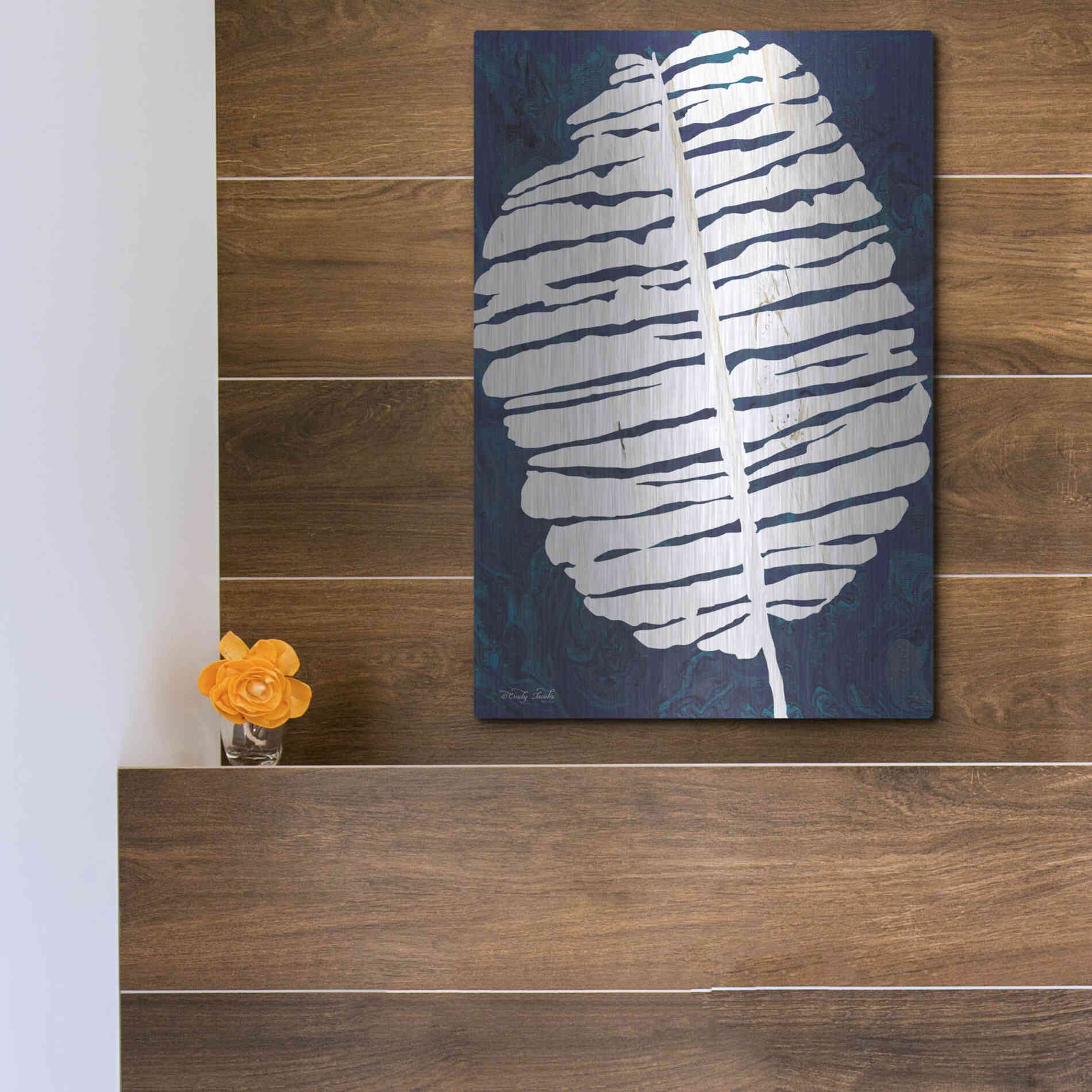 Luxe Metal Art 'Navy Banana Leaf' by Cindy Jacobs, Metal Wall Art,12x16