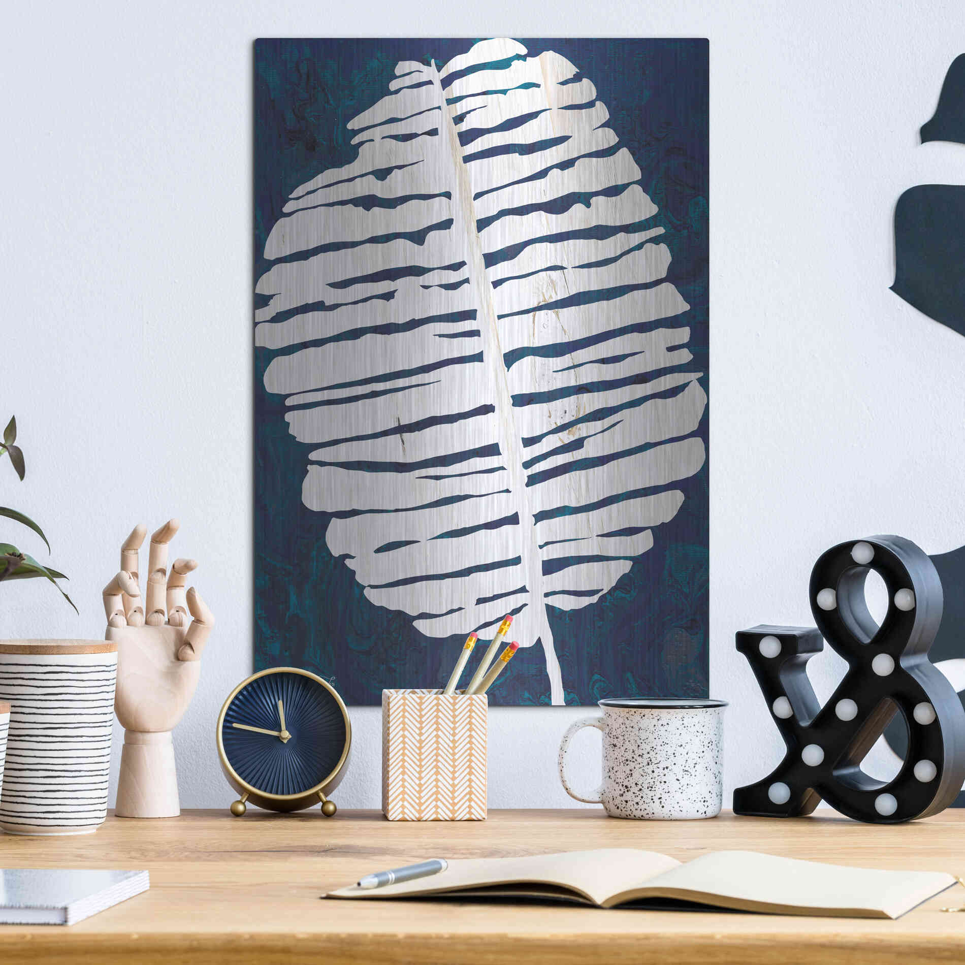 Luxe Metal Art 'Navy Banana Leaf' by Cindy Jacobs, Metal Wall Art,12x16