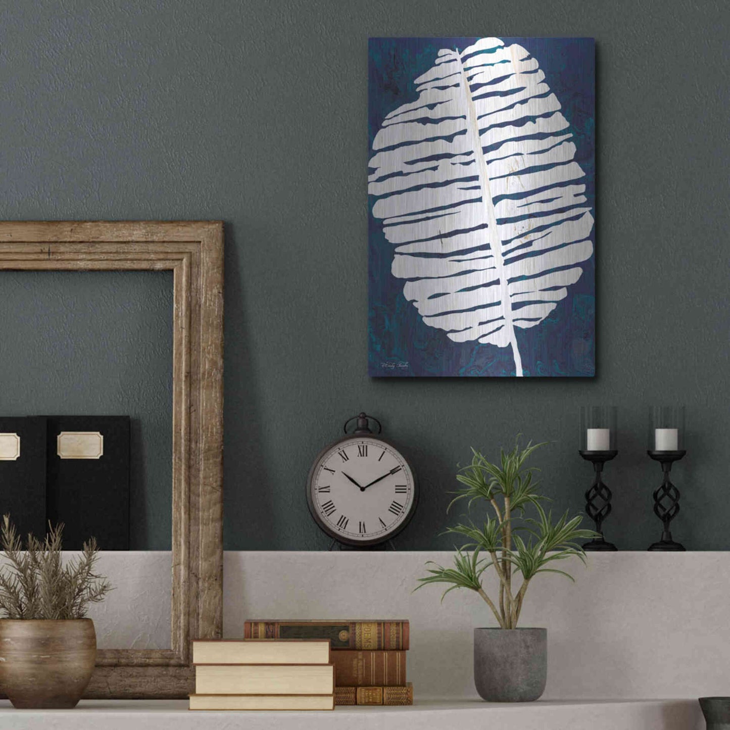 Luxe Metal Art 'Navy Banana Leaf' by Cindy Jacobs, Metal Wall Art,12x16