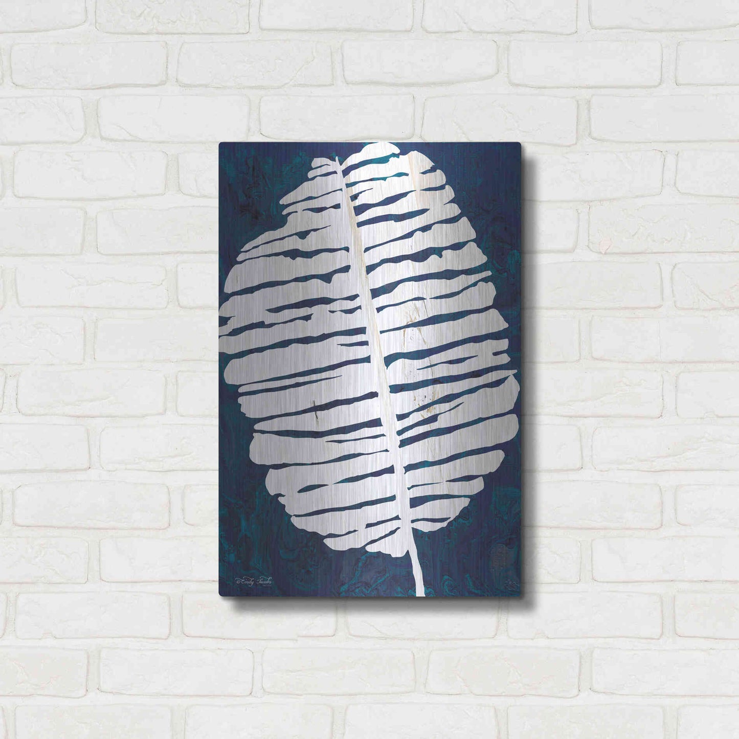 Luxe Metal Art 'Navy Banana Leaf' by Cindy Jacobs, Metal Wall Art,16x24