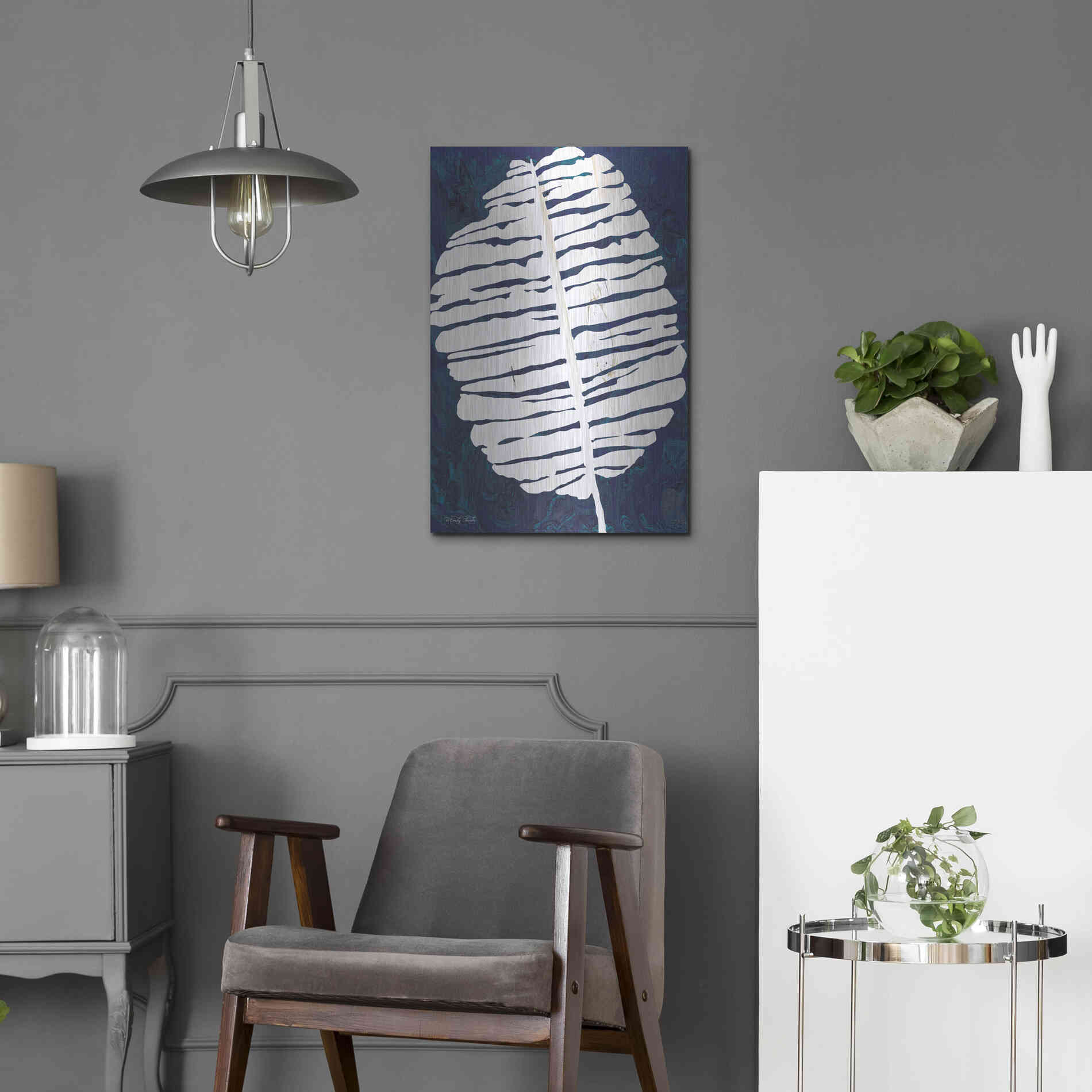 Luxe Metal Art 'Navy Banana Leaf' by Cindy Jacobs, Metal Wall Art,16x24