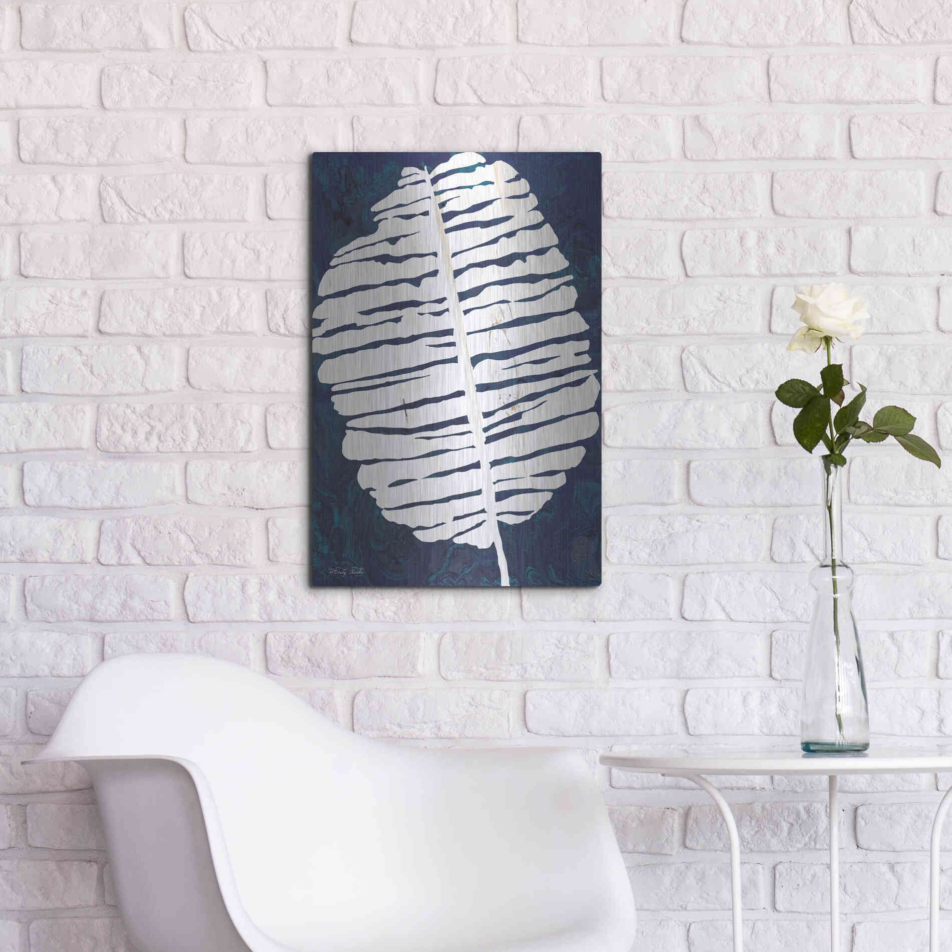 Luxe Metal Art 'Navy Banana Leaf' by Cindy Jacobs, Metal Wall Art,16x24