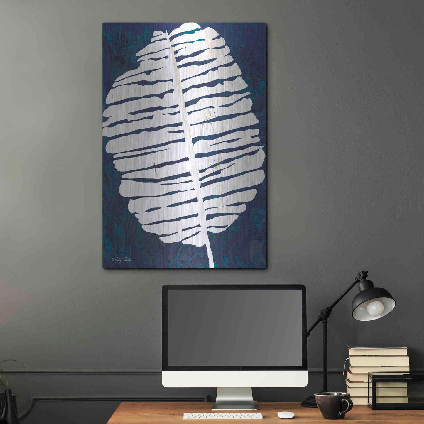 Luxe Metal Art 'Navy Banana Leaf' by Cindy Jacobs, Metal Wall Art,24x36