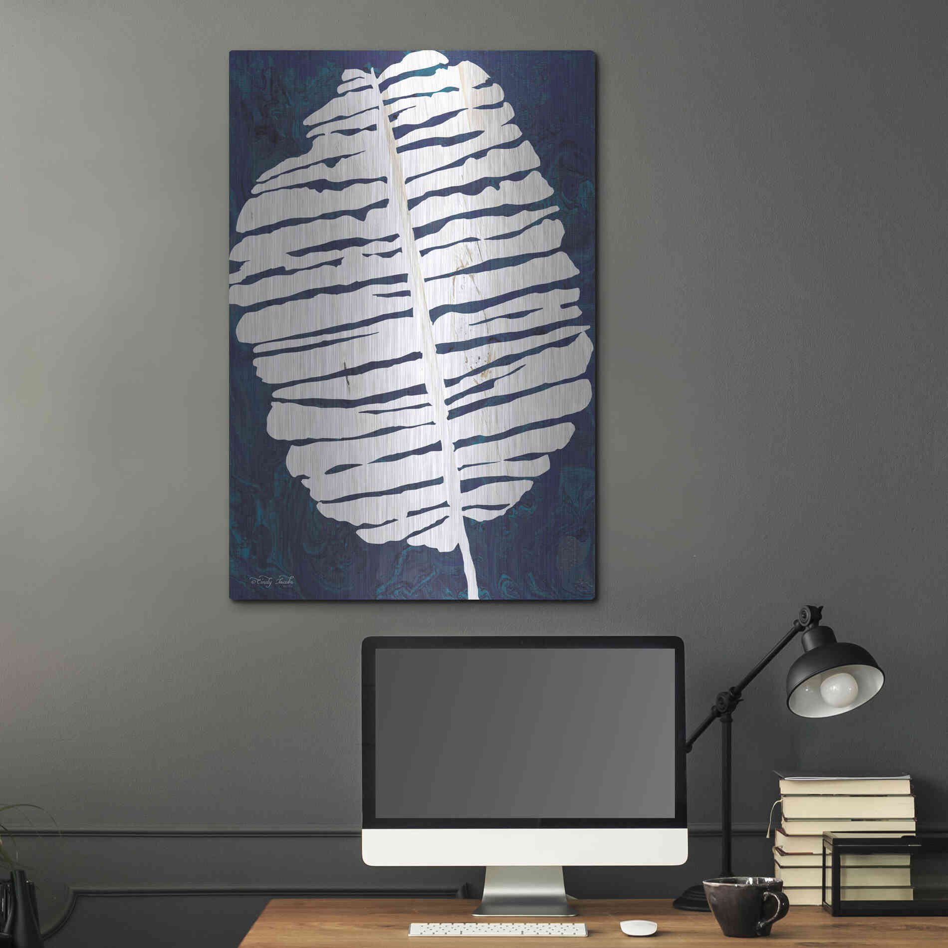 Luxe Metal Art 'Navy Banana Leaf' by Cindy Jacobs, Metal Wall Art,24x36