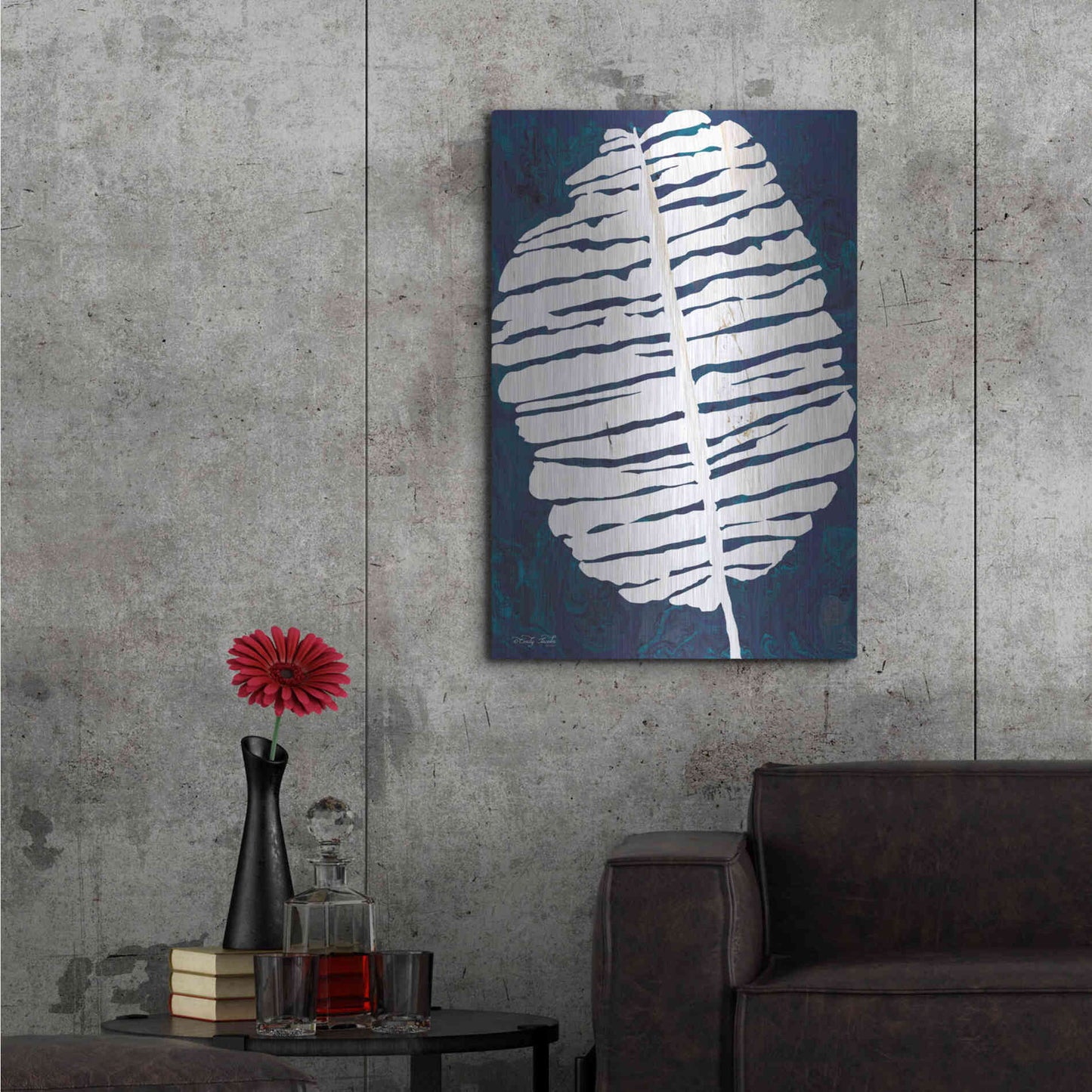 Luxe Metal Art 'Navy Banana Leaf' by Cindy Jacobs, Metal Wall Art,24x36