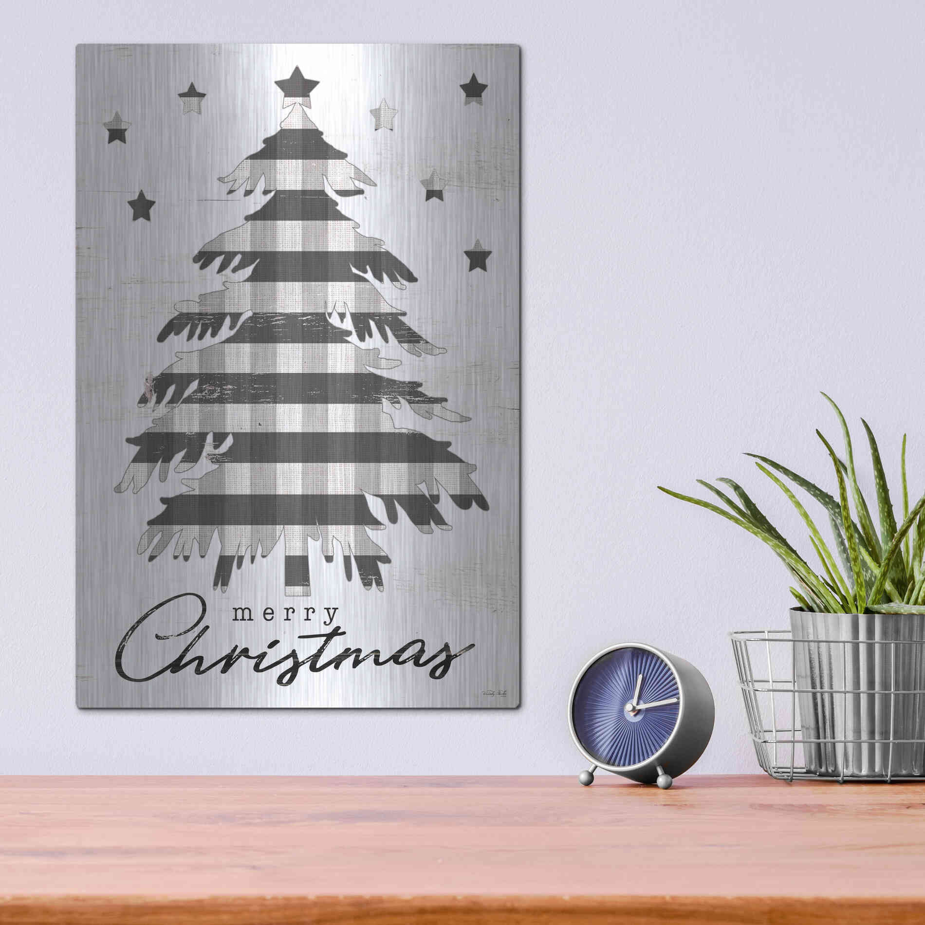 Luxe Metal Art 'Merry Christmas Tree and Stars' by Cindy Jacobs, Metal Wall Art,12x16