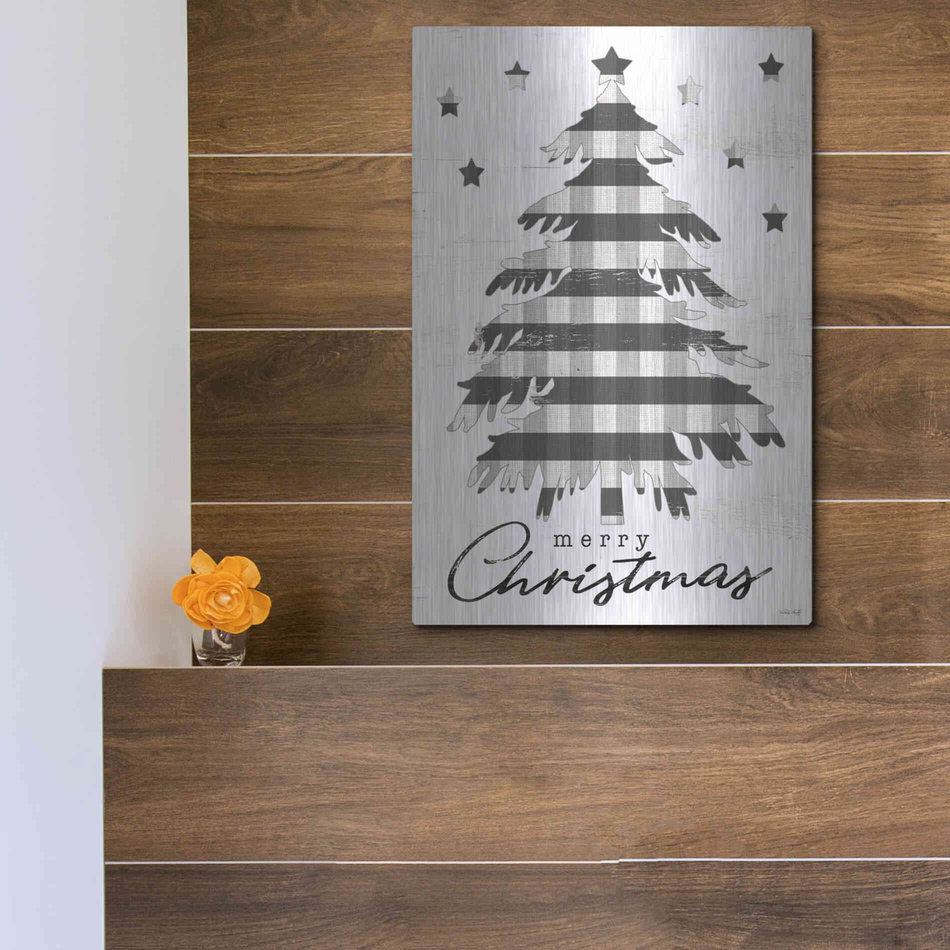Luxe Metal Art 'Merry Christmas Tree and Stars' by Cindy Jacobs, Metal Wall Art,12x16
