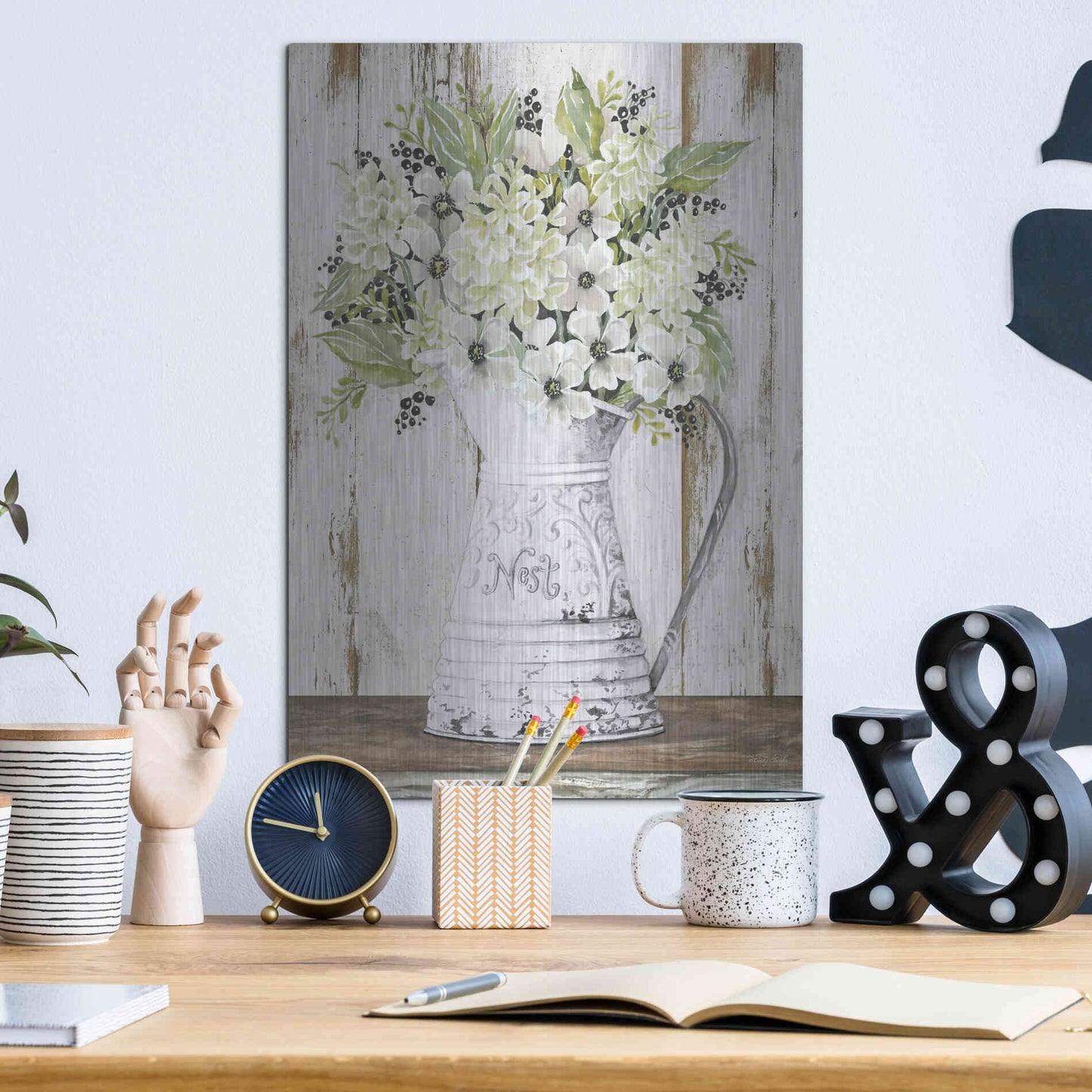 Luxe Metal Art 'Nest Galvanized Pitcher' by Cindy Jacobs, Metal Wall Art,12x16