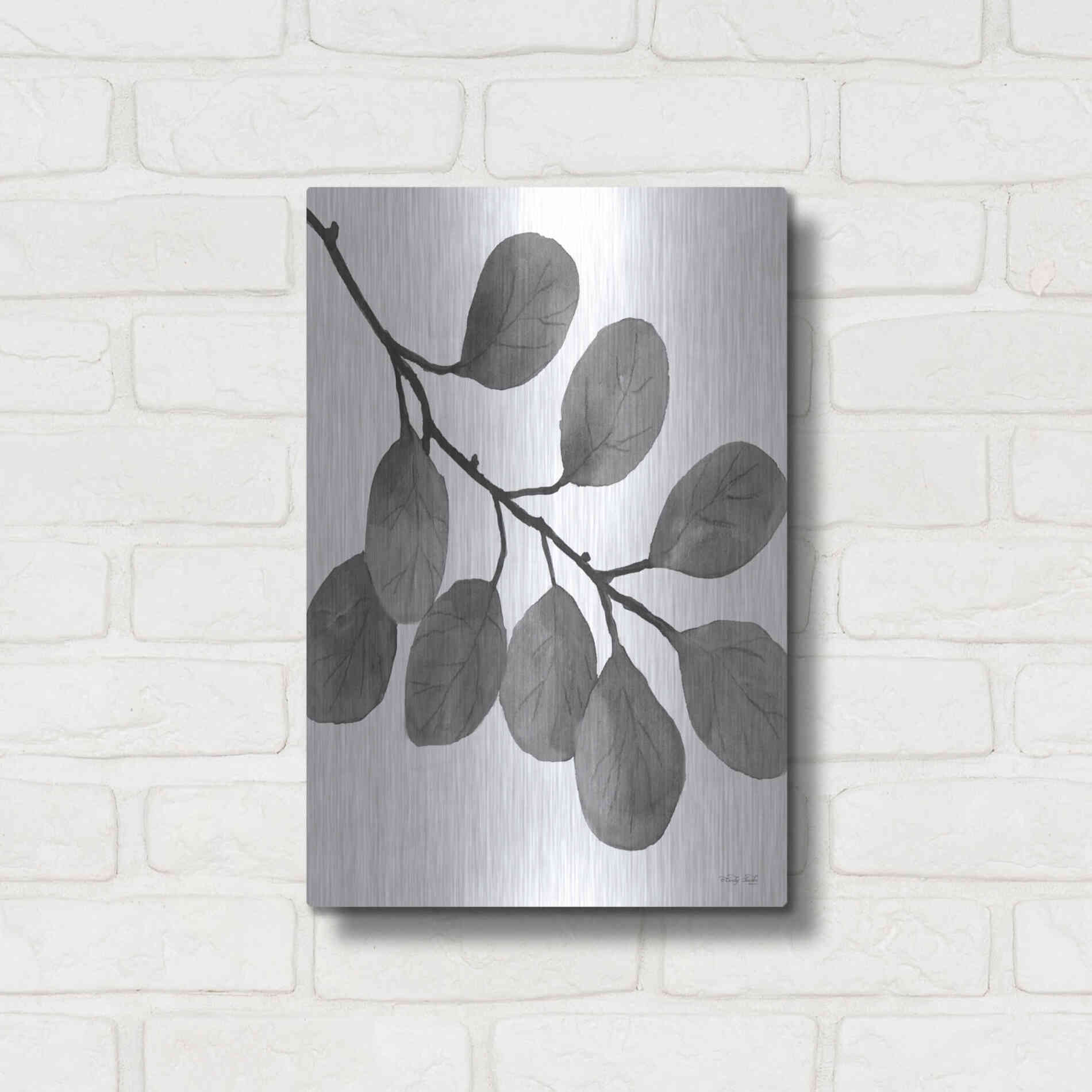 Luxe Metal Art 'Leaves in Gray I' by Cindy Jacobs, Metal Wall Art,12x16