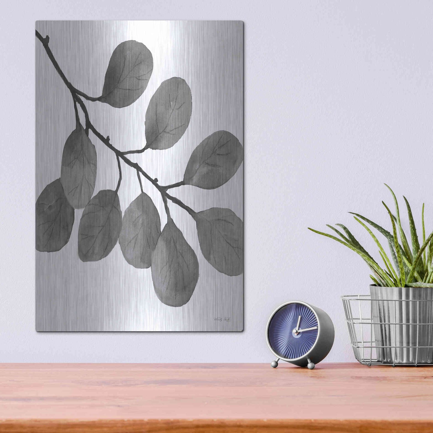 Luxe Metal Art 'Leaves in Gray I' by Cindy Jacobs, Metal Wall Art,12x16