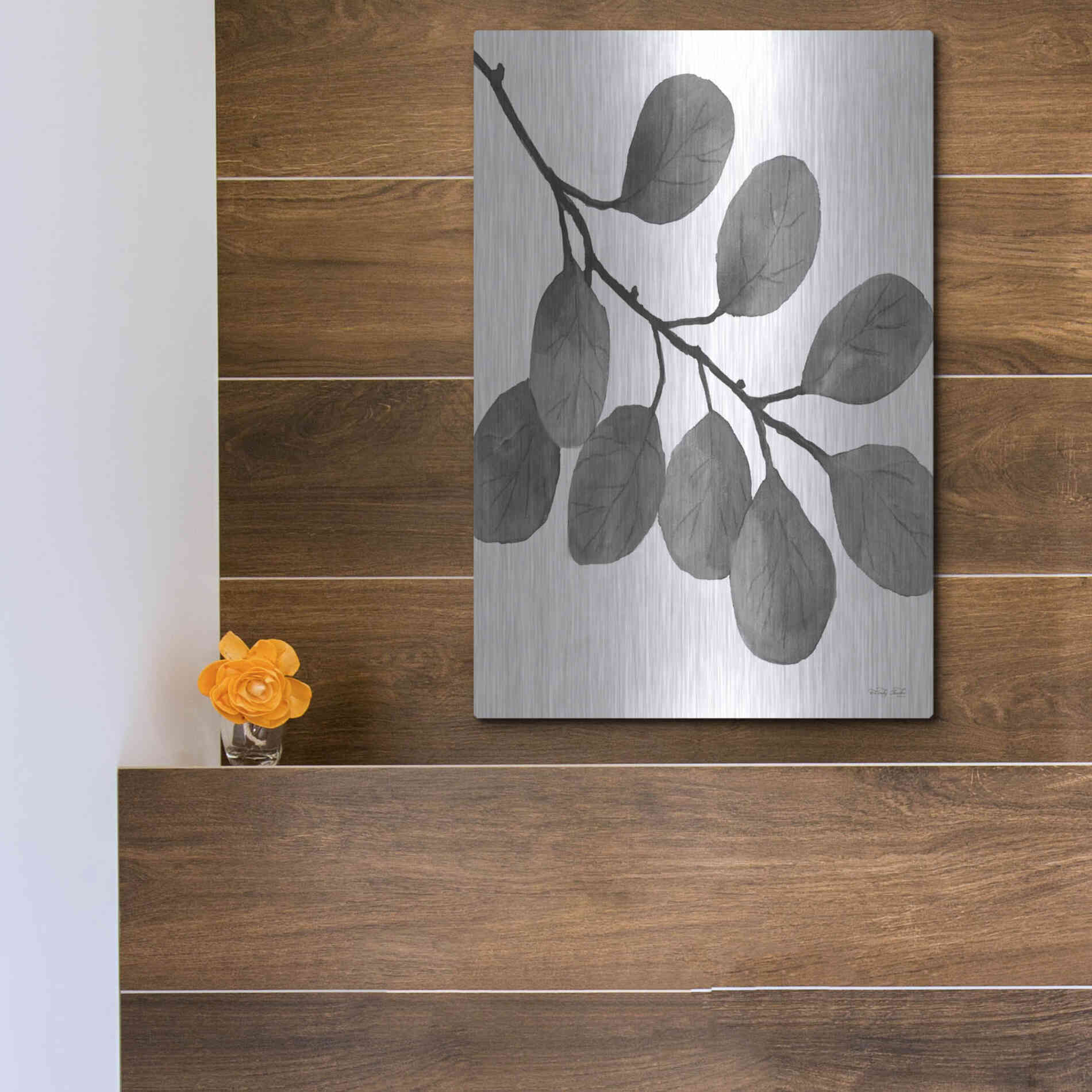 Luxe Metal Art 'Leaves in Gray I' by Cindy Jacobs, Metal Wall Art,12x16