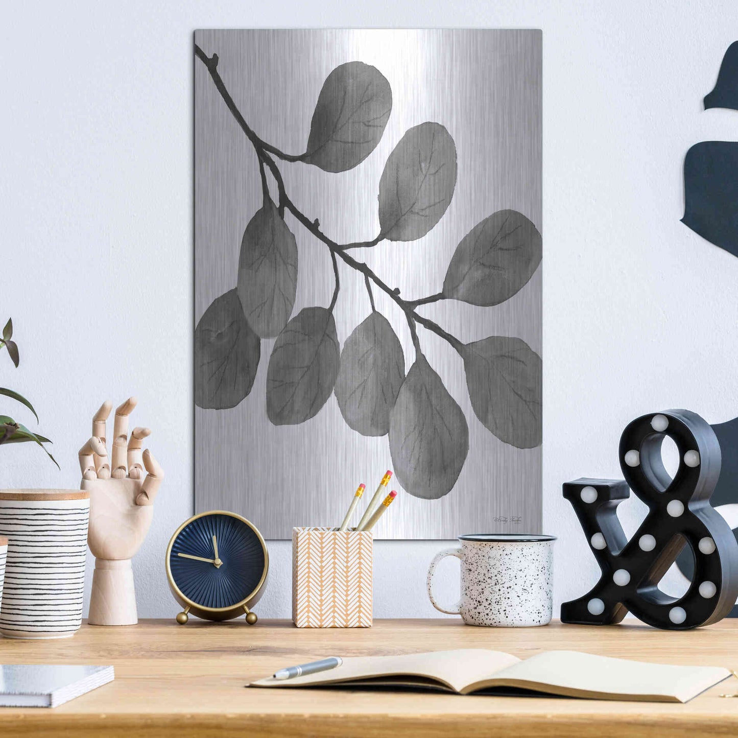 Luxe Metal Art 'Leaves in Gray I' by Cindy Jacobs, Metal Wall Art,12x16