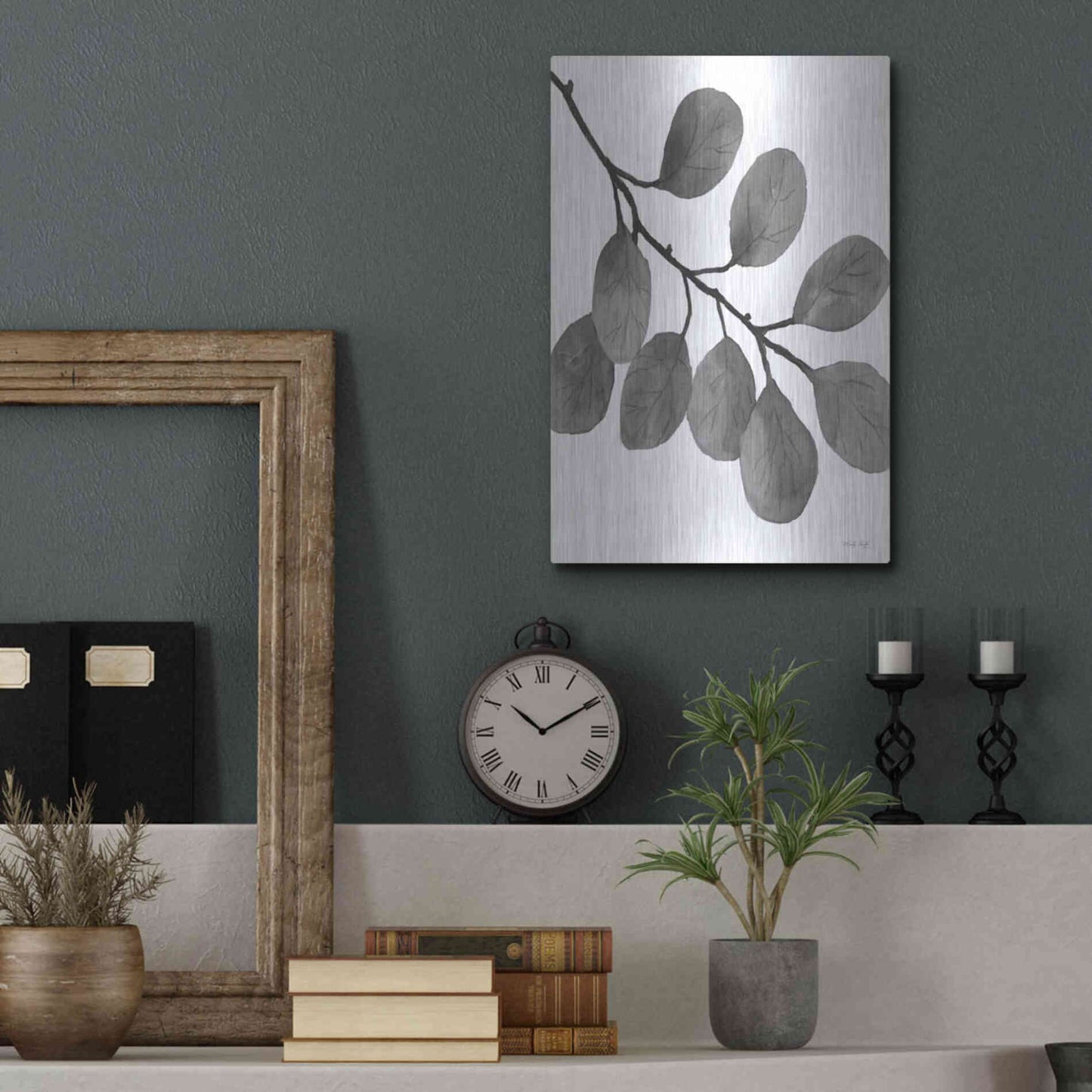 Luxe Metal Art 'Leaves in Gray I' by Cindy Jacobs, Metal Wall Art,12x16