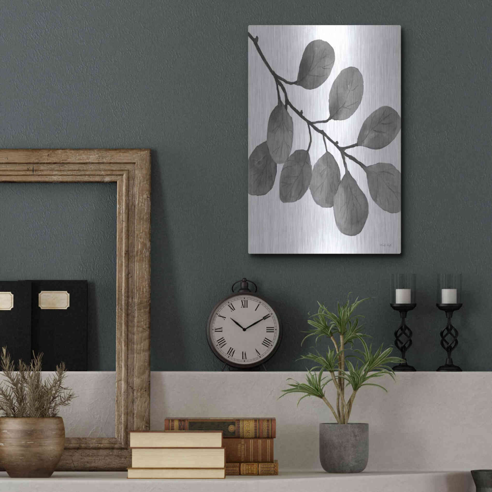 Luxe Metal Art 'Leaves in Gray I' by Cindy Jacobs, Metal Wall Art,12x16