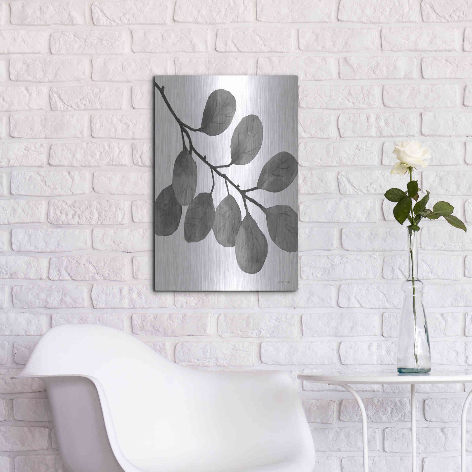 Luxe Metal Art 'Leaves in Gray I' by Cindy Jacobs, Metal Wall Art,16x24