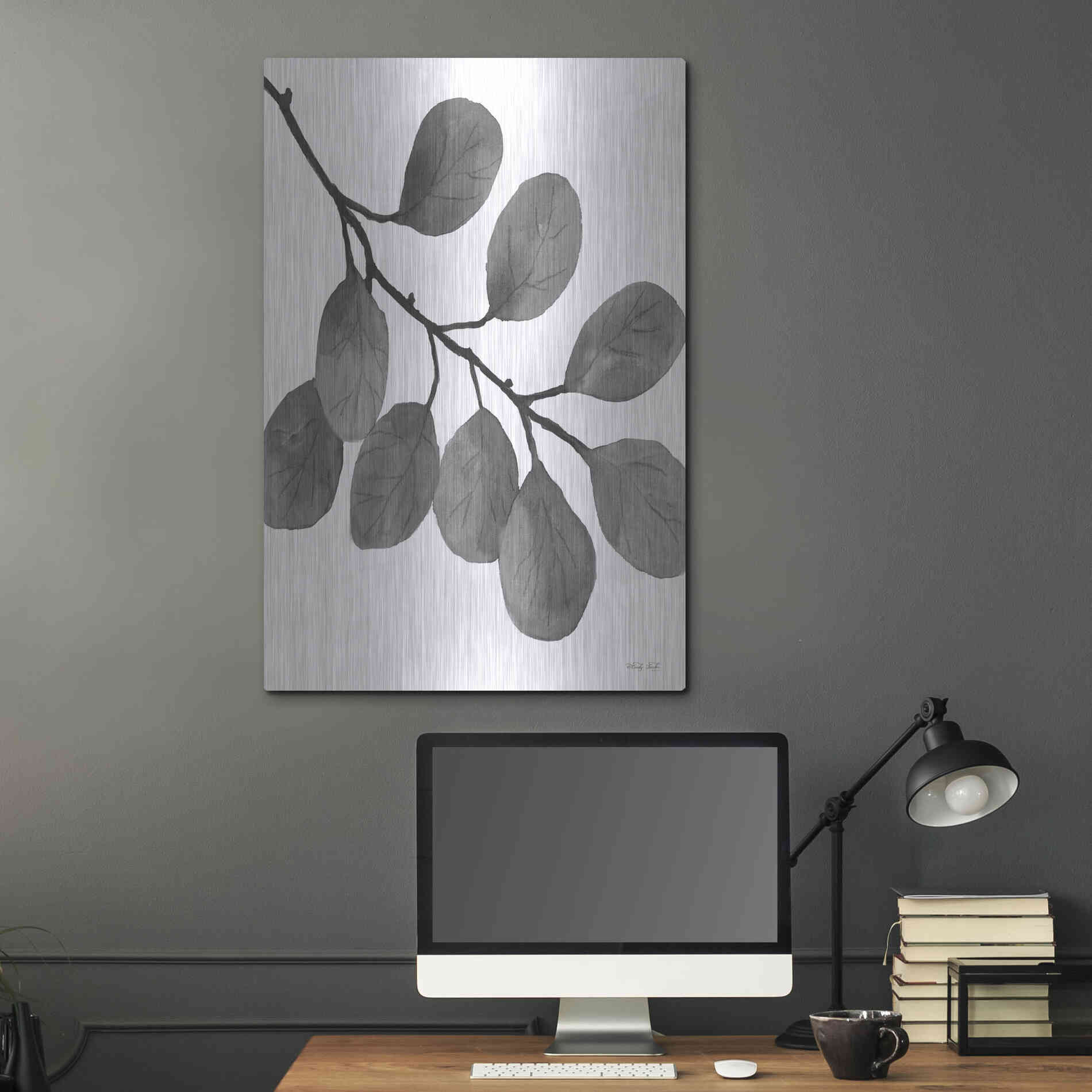 Luxe Metal Art 'Leaves in Gray I' by Cindy Jacobs, Metal Wall Art,24x36