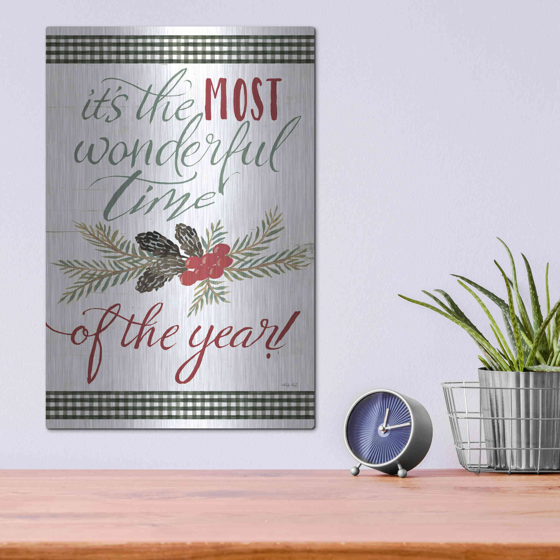 Luxe Metal Art 'Pinecone It's the Most Wonderful Time' by Cindy Jacobs, Metal Wall Art,12x16