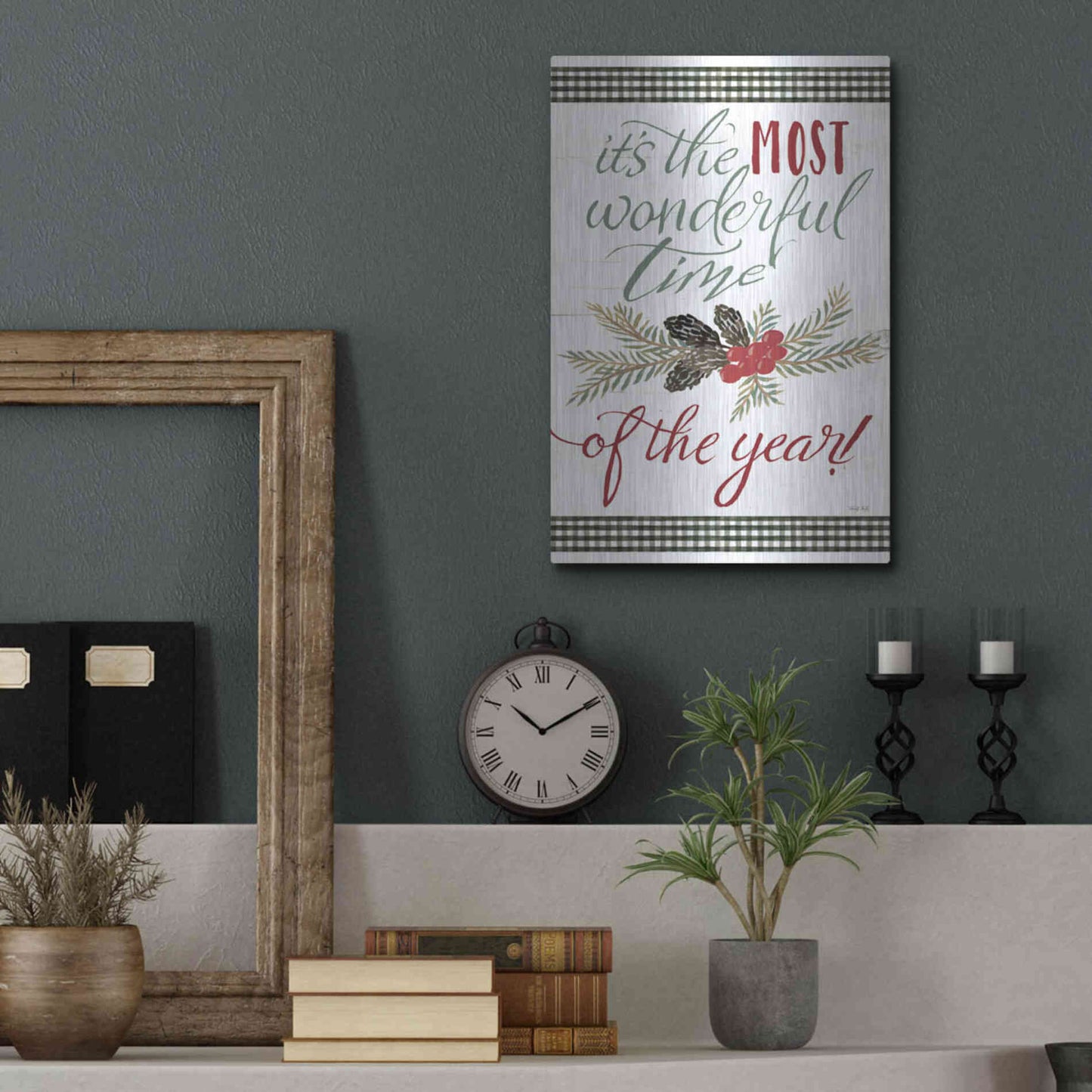 Luxe Metal Art 'Pinecone It's the Most Wonderful Time' by Cindy Jacobs, Metal Wall Art,12x16