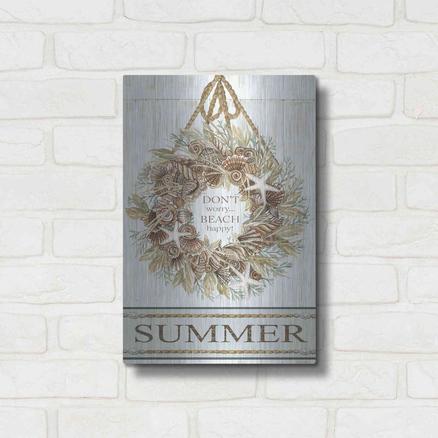 Luxe Metal Art 'Summer Beach Wreath' by Cindy Jacobs, Metal Wall Art,12x16