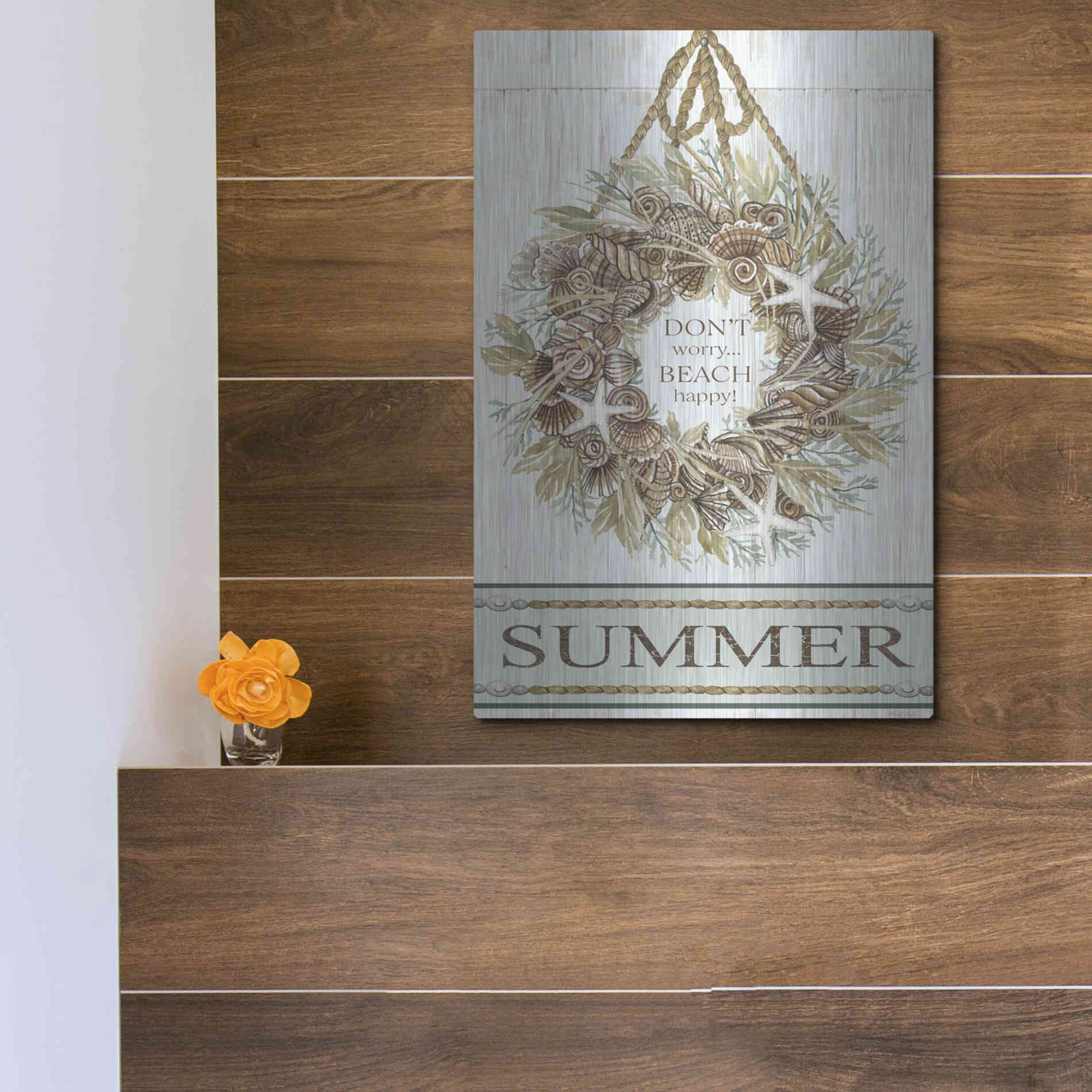 Luxe Metal Art 'Summer Beach Wreath' by Cindy Jacobs, Metal Wall Art,12x16