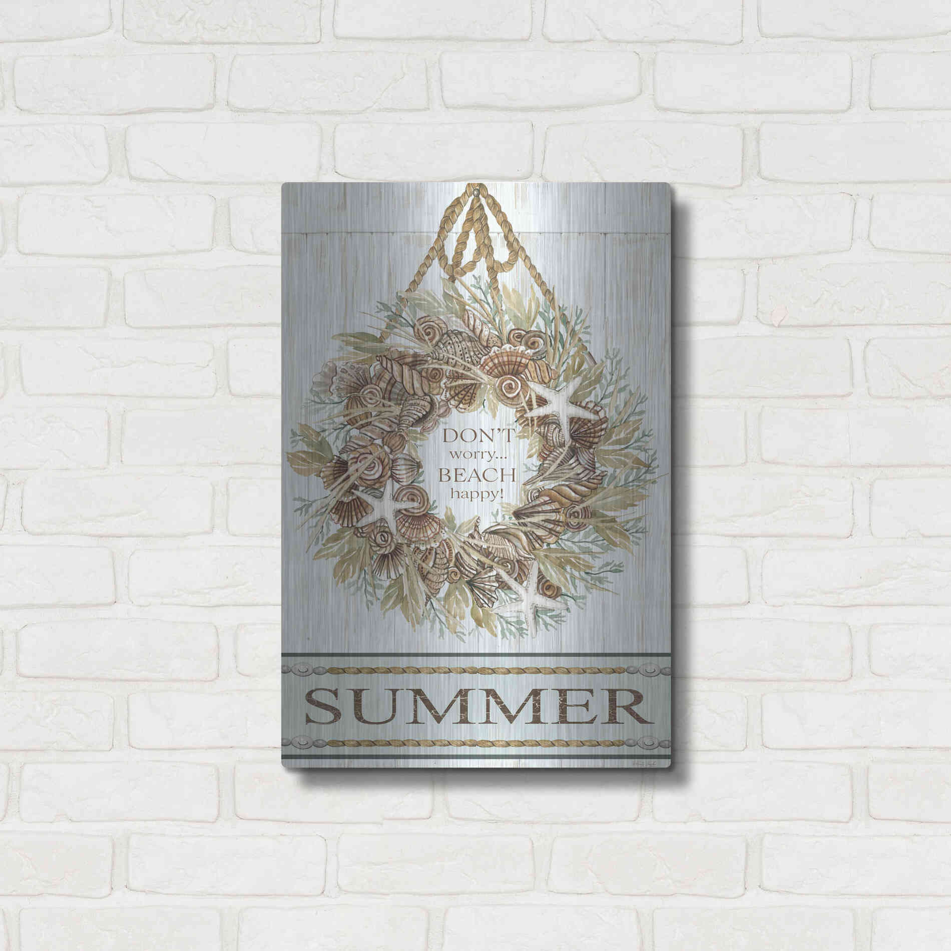 Luxe Metal Art 'Summer Beach Wreath' by Cindy Jacobs, Metal Wall Art,16x24