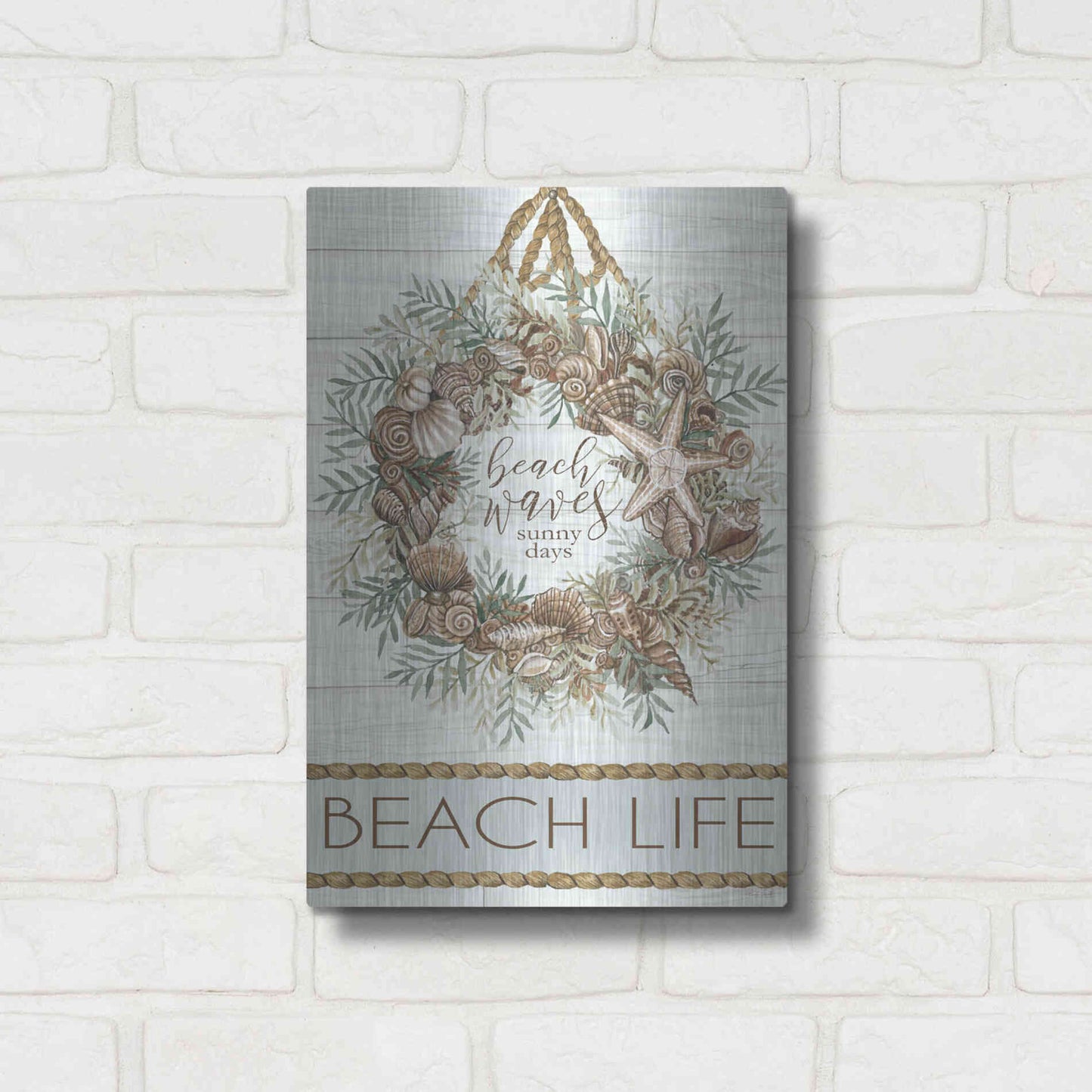 Luxe Metal Art 'Beach Waves Wreath' by Cindy Jacobs, Metal Wall Art,12x16