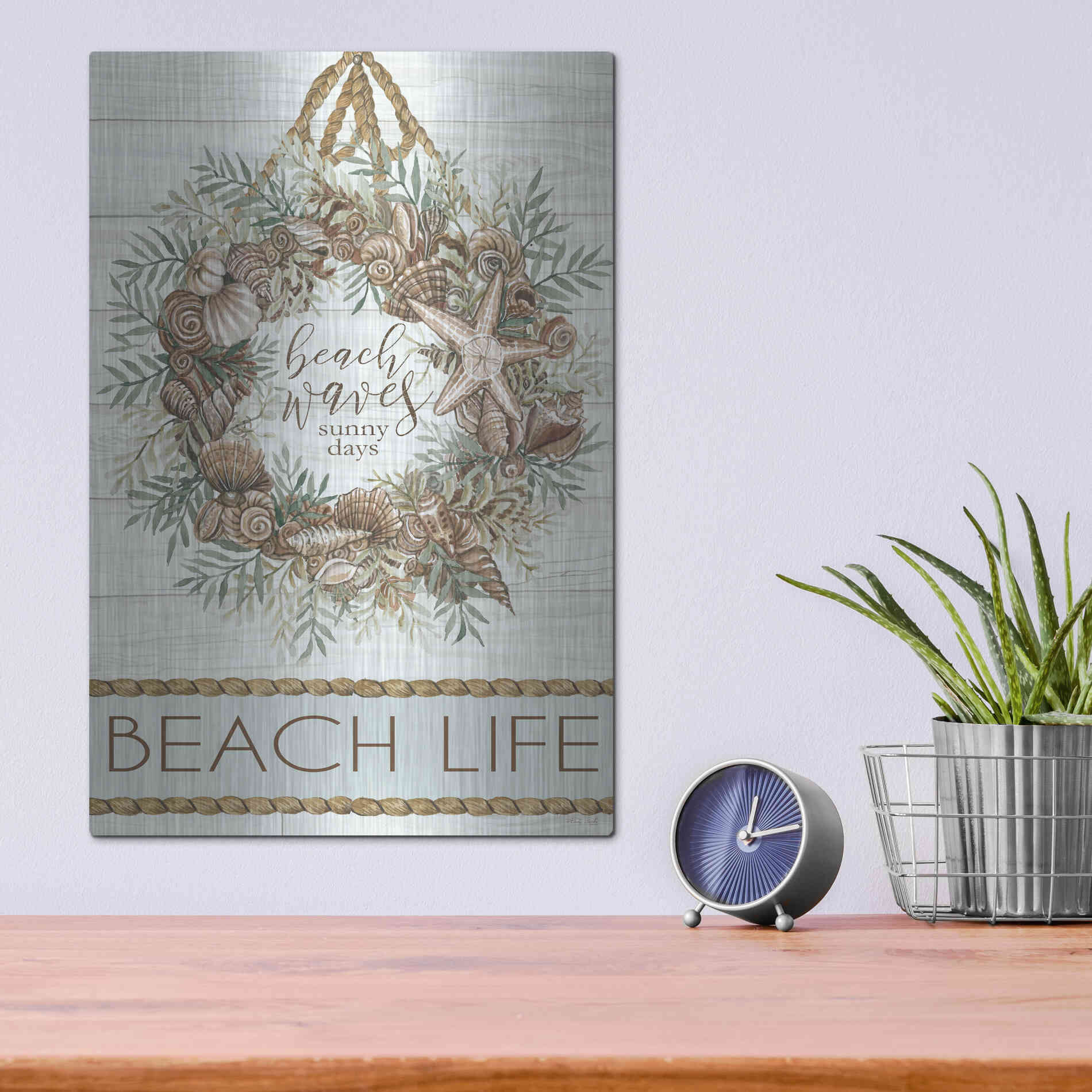 Luxe Metal Art 'Beach Waves Wreath' by Cindy Jacobs, Metal Wall Art,12x16